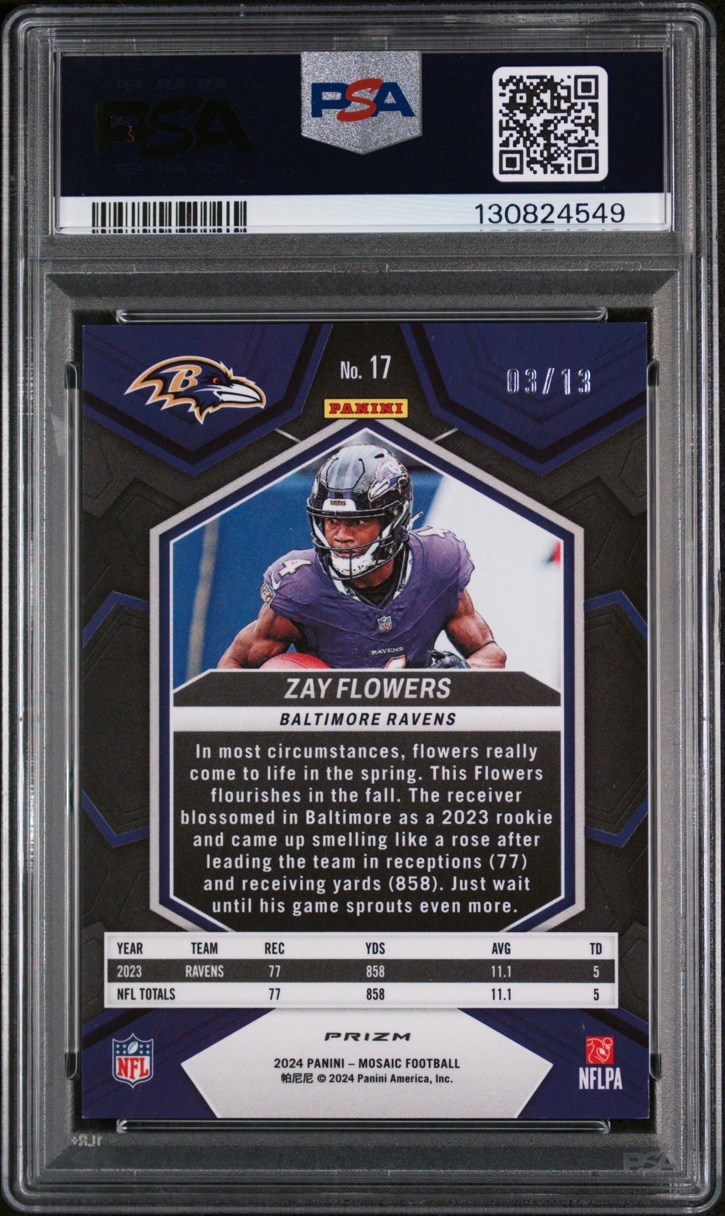 2024 Panini Mosaic Pink Swirl Zay Flowers #17 /13 PSA 8