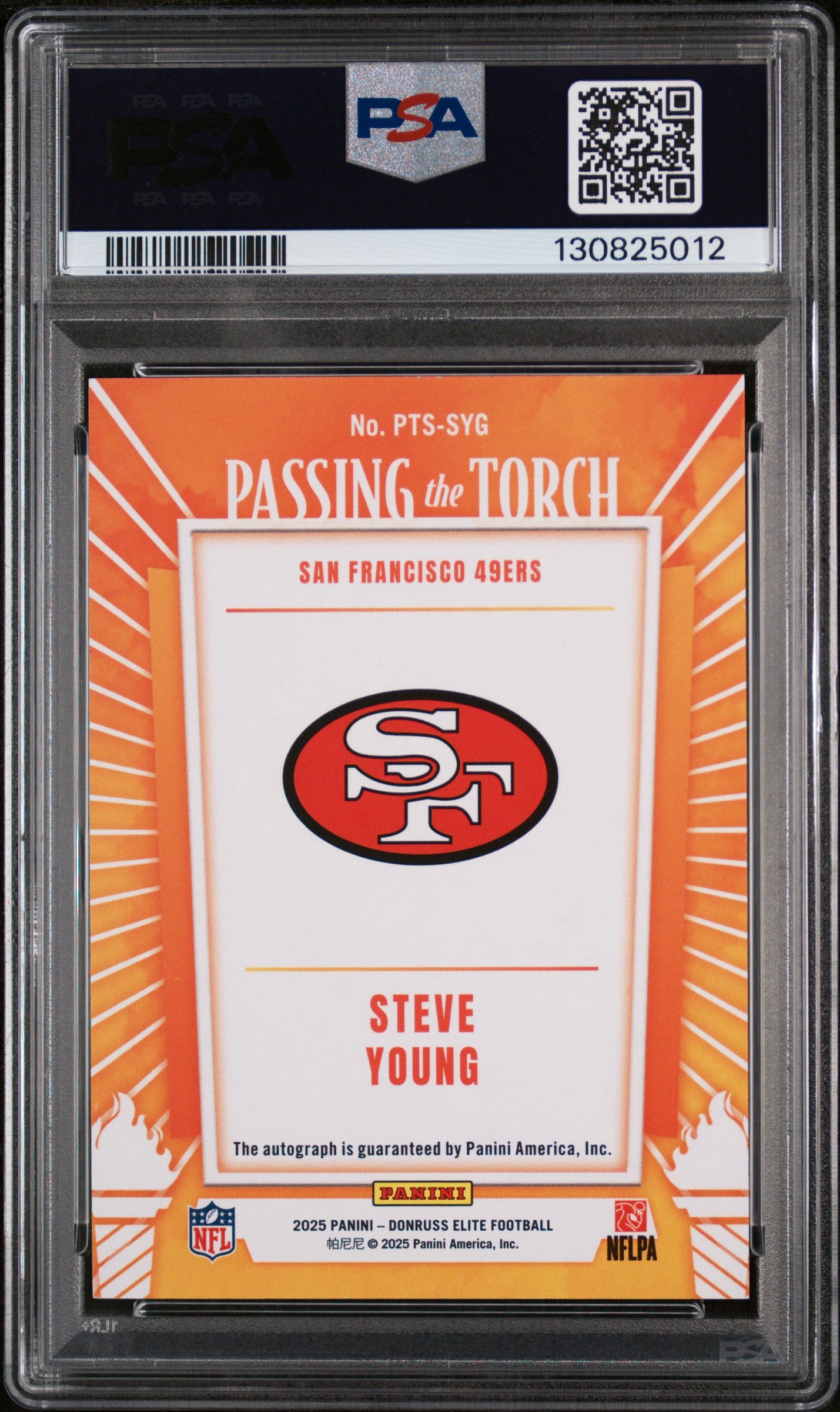 2025 Panini Donruss Elite Passing the Torch Signatures Singles Steve Young #PTSSYG /25 PSA 9