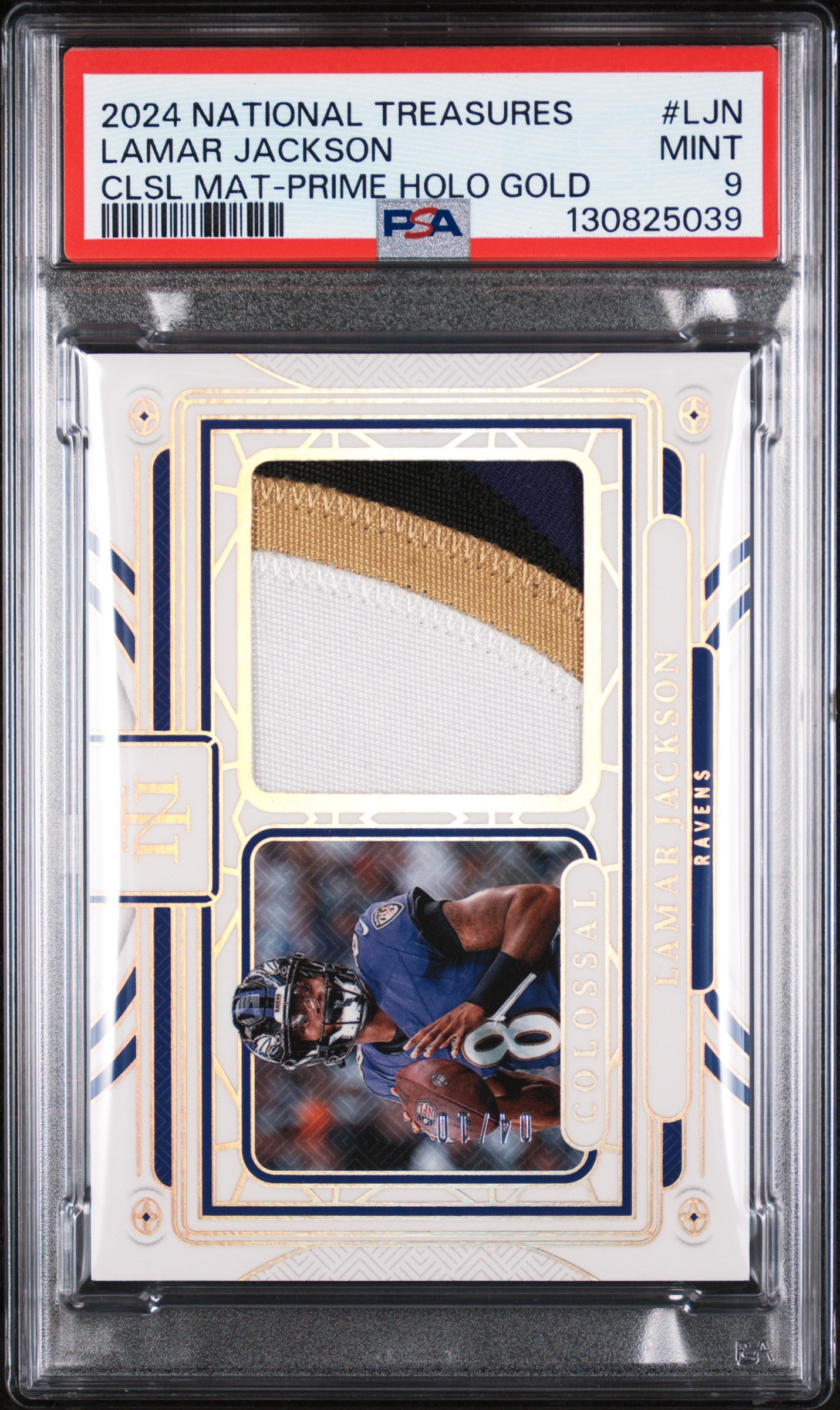 2024 Panini National Treasures Colossal Materials Prime Holo Gold Lamar Jackson #LJN /10 PSA 9