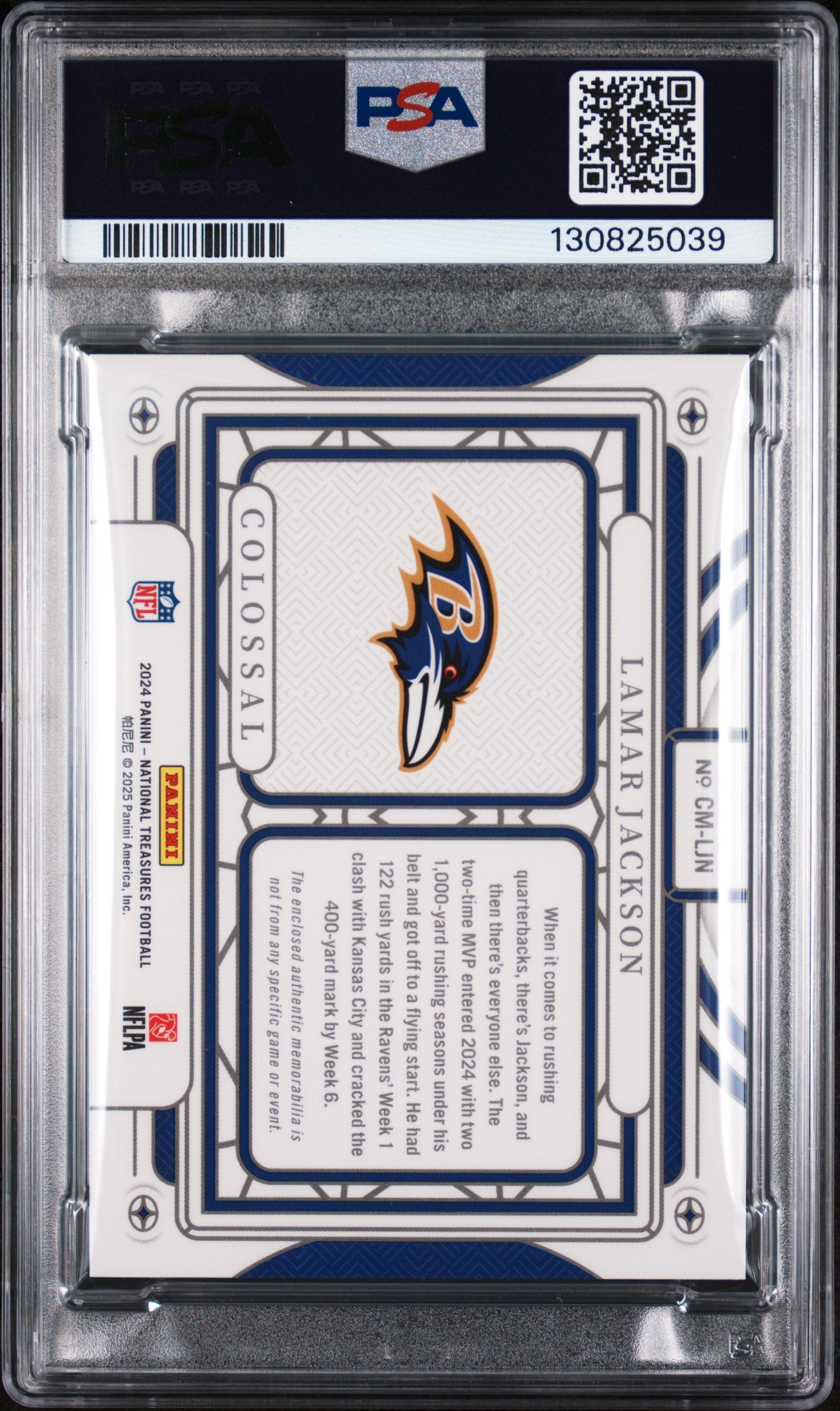 2024 Panini National Treasures Colossal Materials Prime Holo Gold Lamar Jackson #LJN /10 PSA 9