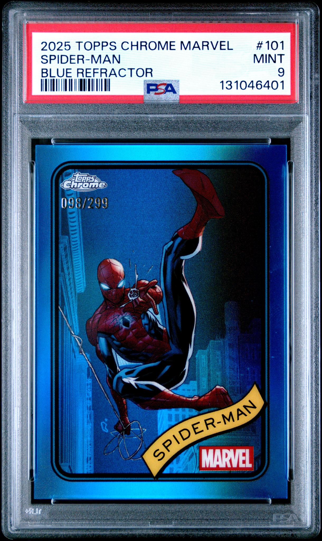 2025 Topps Chrome Marvel Blue Refractor Spider Man #101 /299 PSA 9