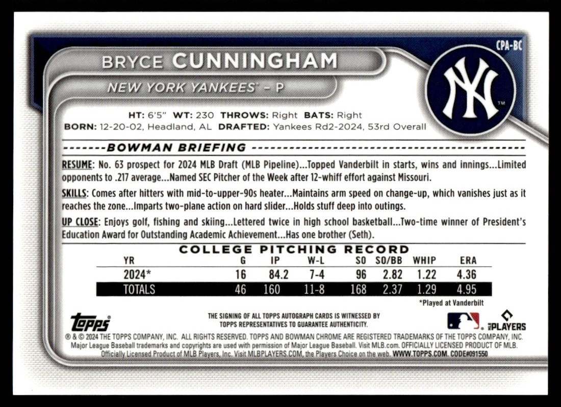 2024 Bowman Chrome Bryce Cunningham 1st True Yellow Auto /75