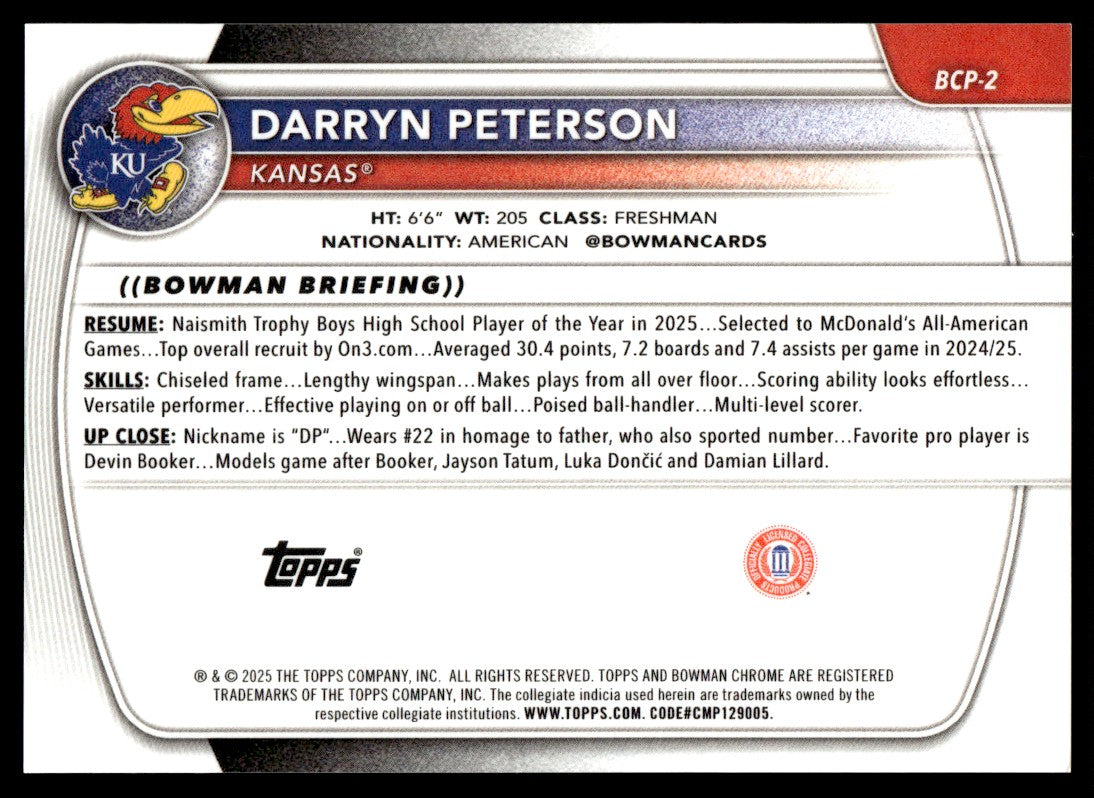 2025 Bowman Chrome U Darryn Peterson 1st Gold Reptilian Rookie RC /50