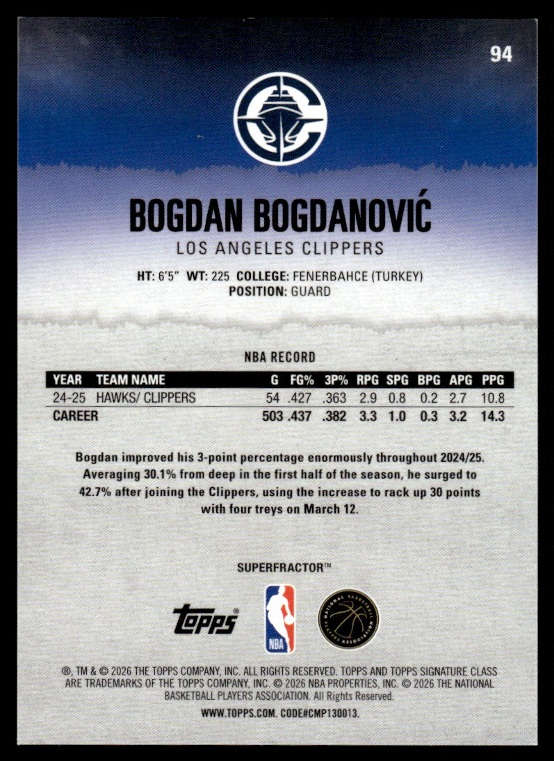 2026 Topps Signature Class #94 Bogdan Bogdanović SuperFractor 1/1