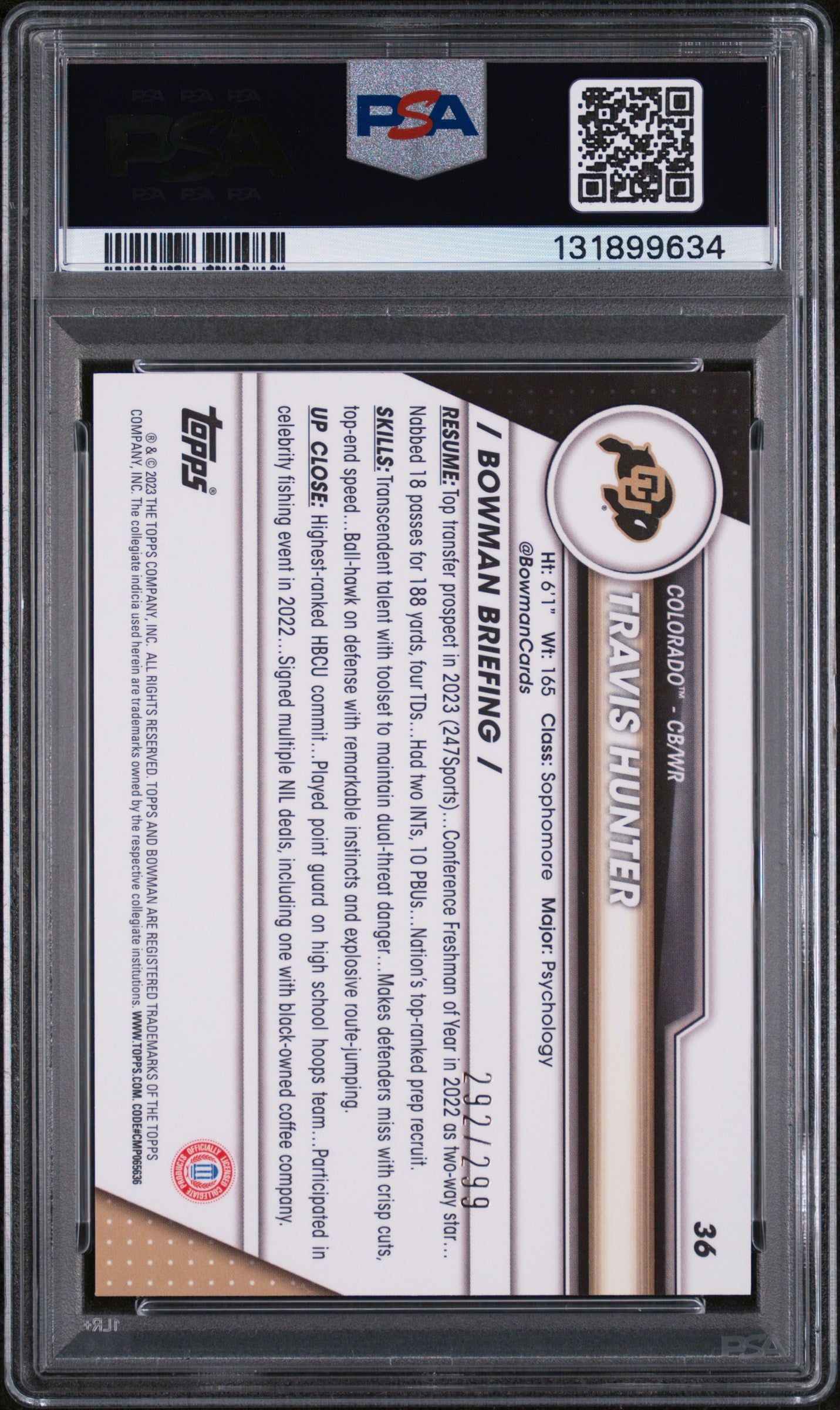 2023 Bowman Chrome University Aqua Refractors Travis Hunter #36 /299 PSA 9