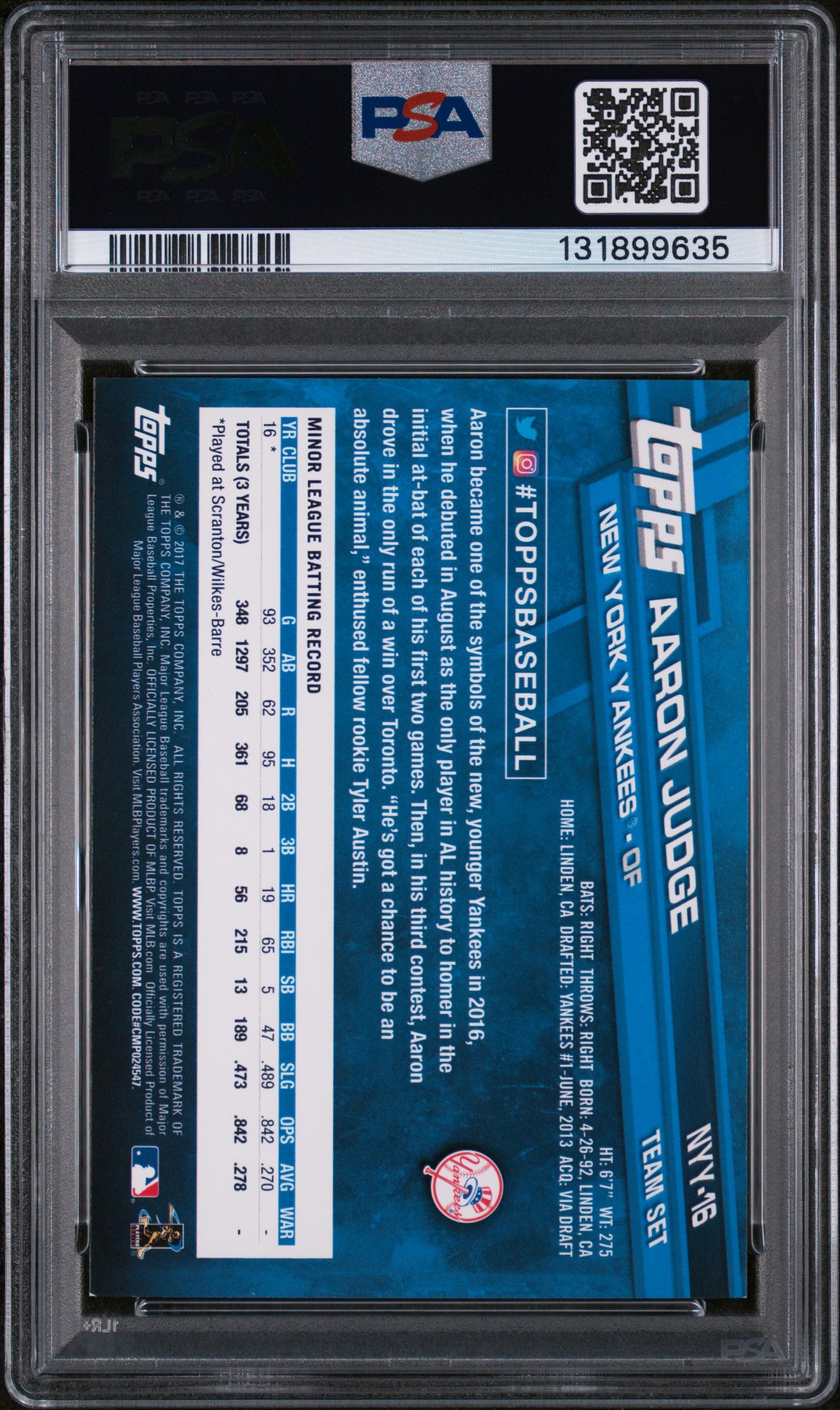 2017 Topps New York Yankees Aaron Judge #NYY16 PSA 8