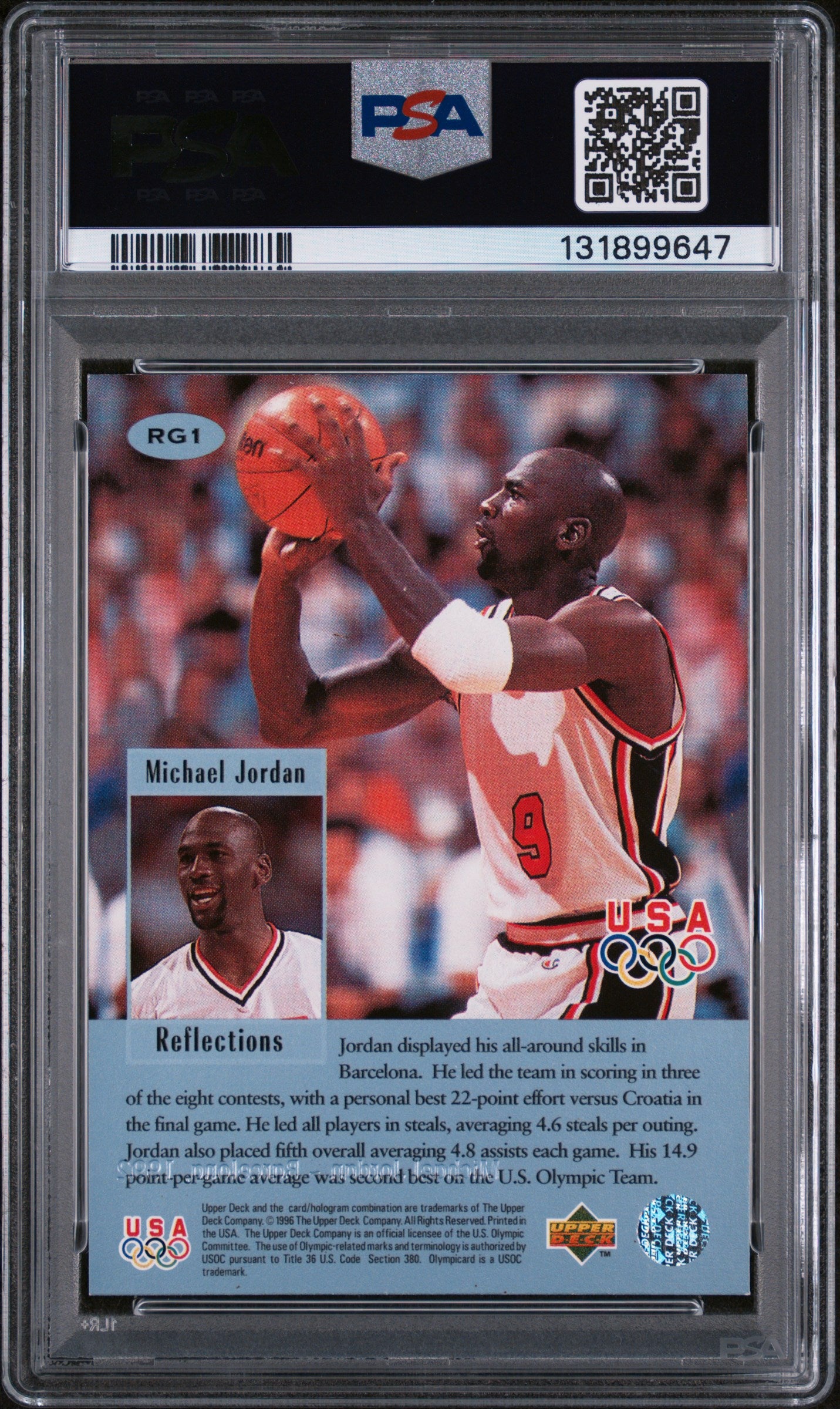 1996 Upper Deck Olympicards Reflections of Gold Michael Jordan #RG1 PSA 7