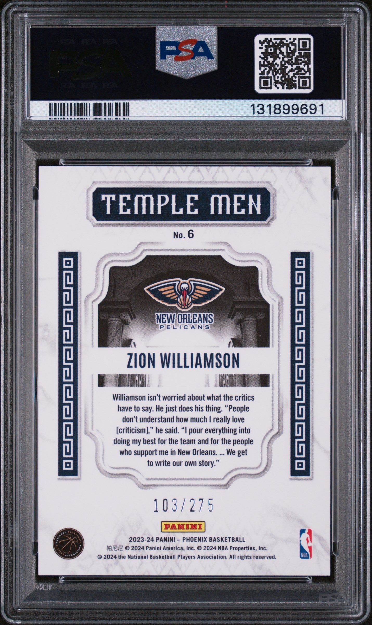 2023 Panini Phoenix Temple Men Blue Lazer Zion Williamson #6 /275 PSA 10