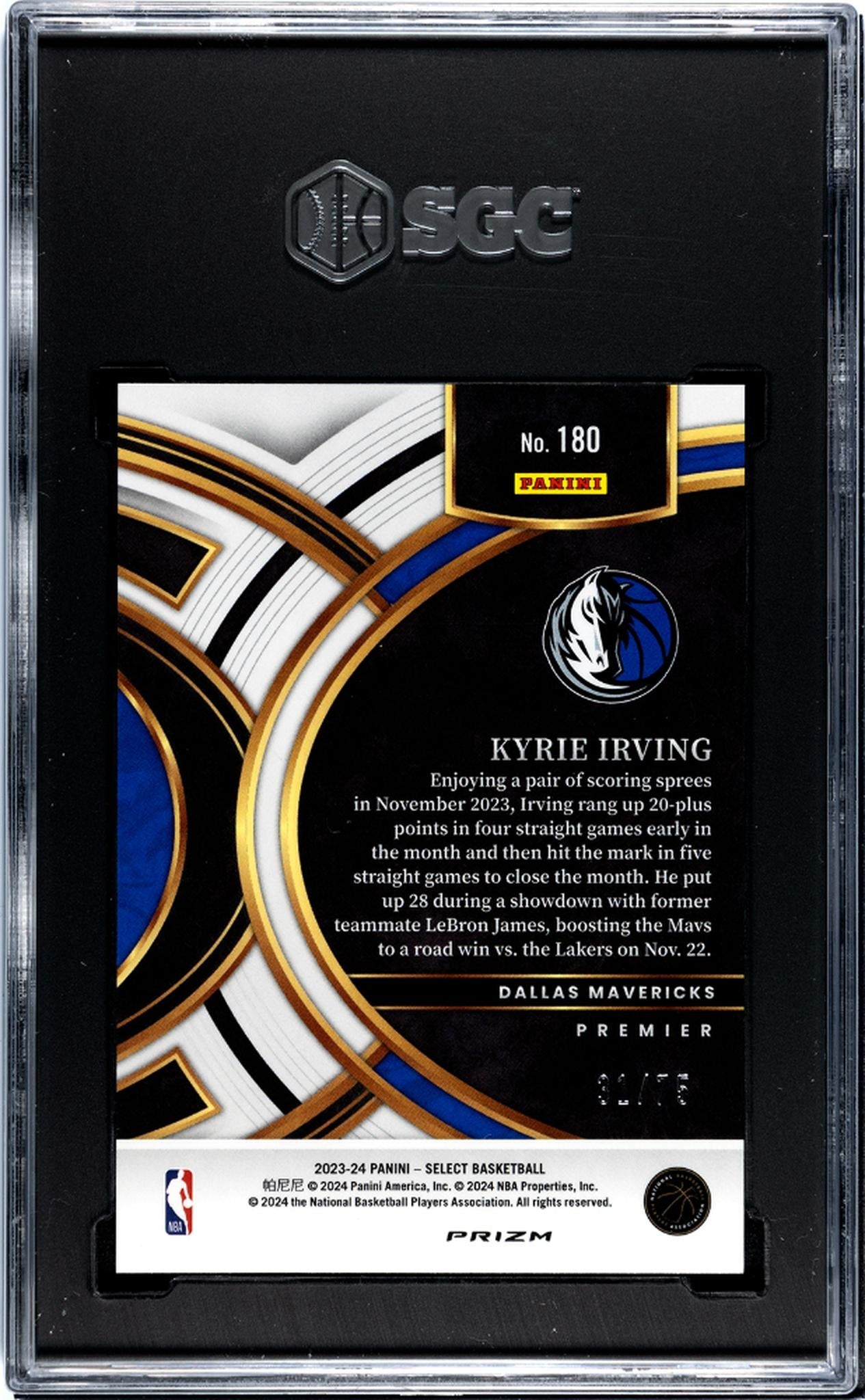 2023-24 Panini Select #180 Kyrie Irving White Disco Prizm 31/75 SGC 10