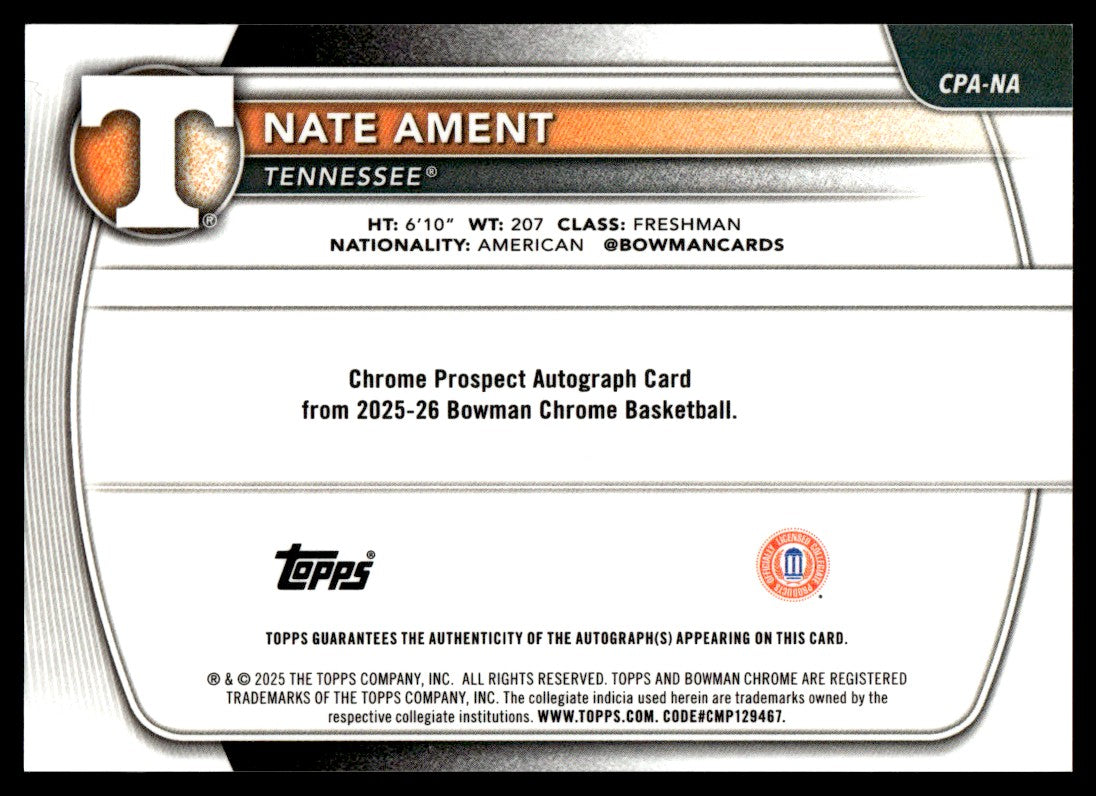 2025 Bowman Chrome Nate Ament 1st Rookie RC Auto Orange Reptilian /25