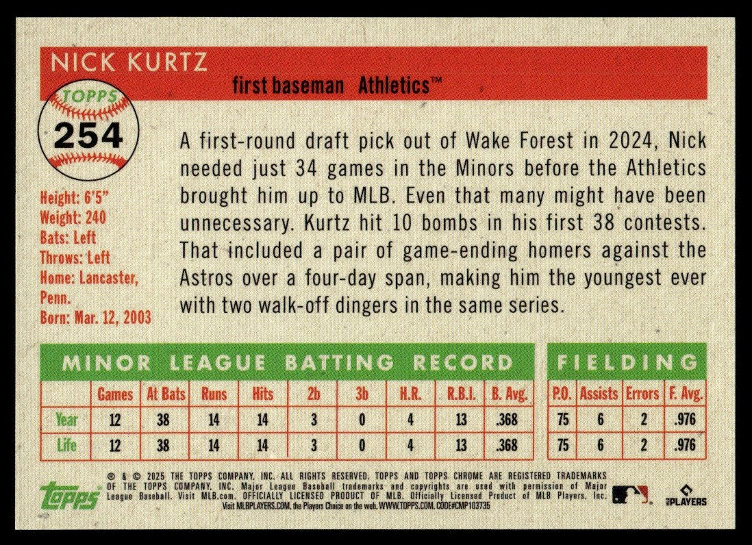 2025 Topps Chrome Platinum #254 Nick Kurtz True Gold Rookie RC /50
