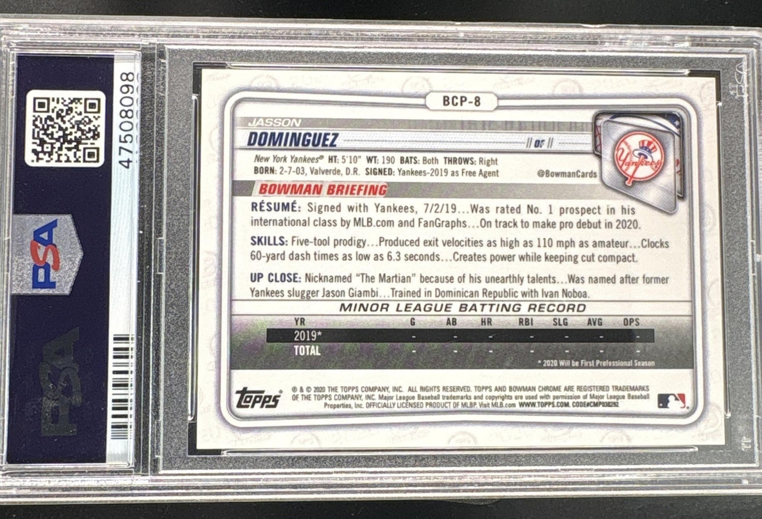 2020 Bowman Chrome Prospect Atomic Refractor Jasson Dominguez #BCP8 PSA 10