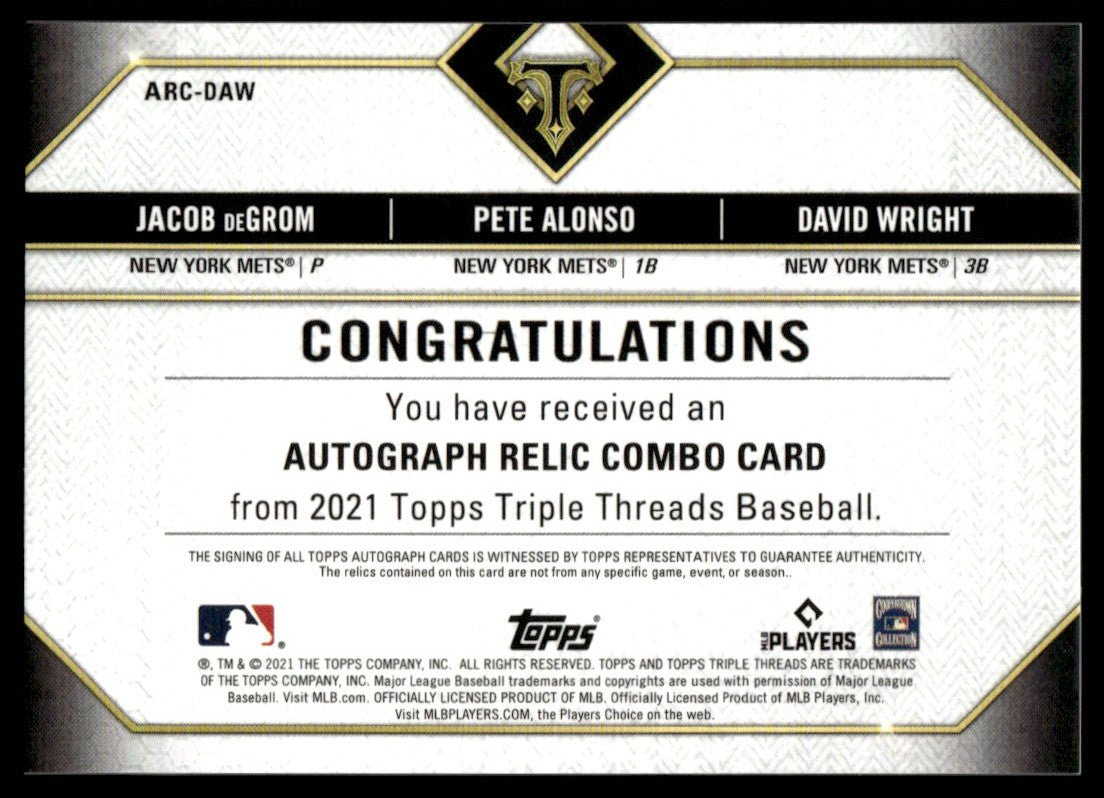 2021 Triple Threads Jacob DeGrom/Pete Alonso/David Wright Triple Patch Relic Auto /18
