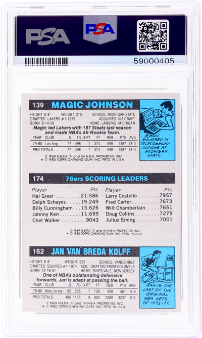 1980 Topps Jan Van Breda Kolff/Julius Erving/Magic Johnson #146 PSA 9