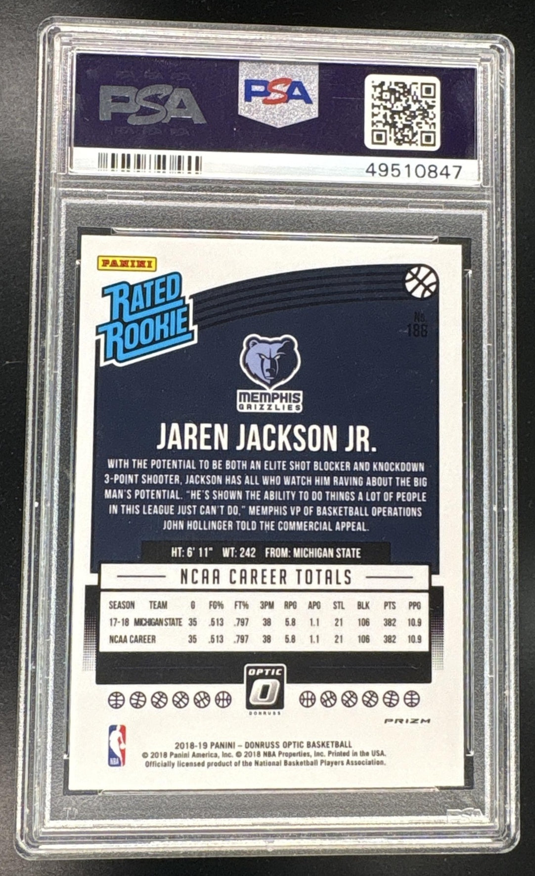2018 Donruss Optic Rated Rookie Shock Jaren Jackson Jr. #188 PSA 10
