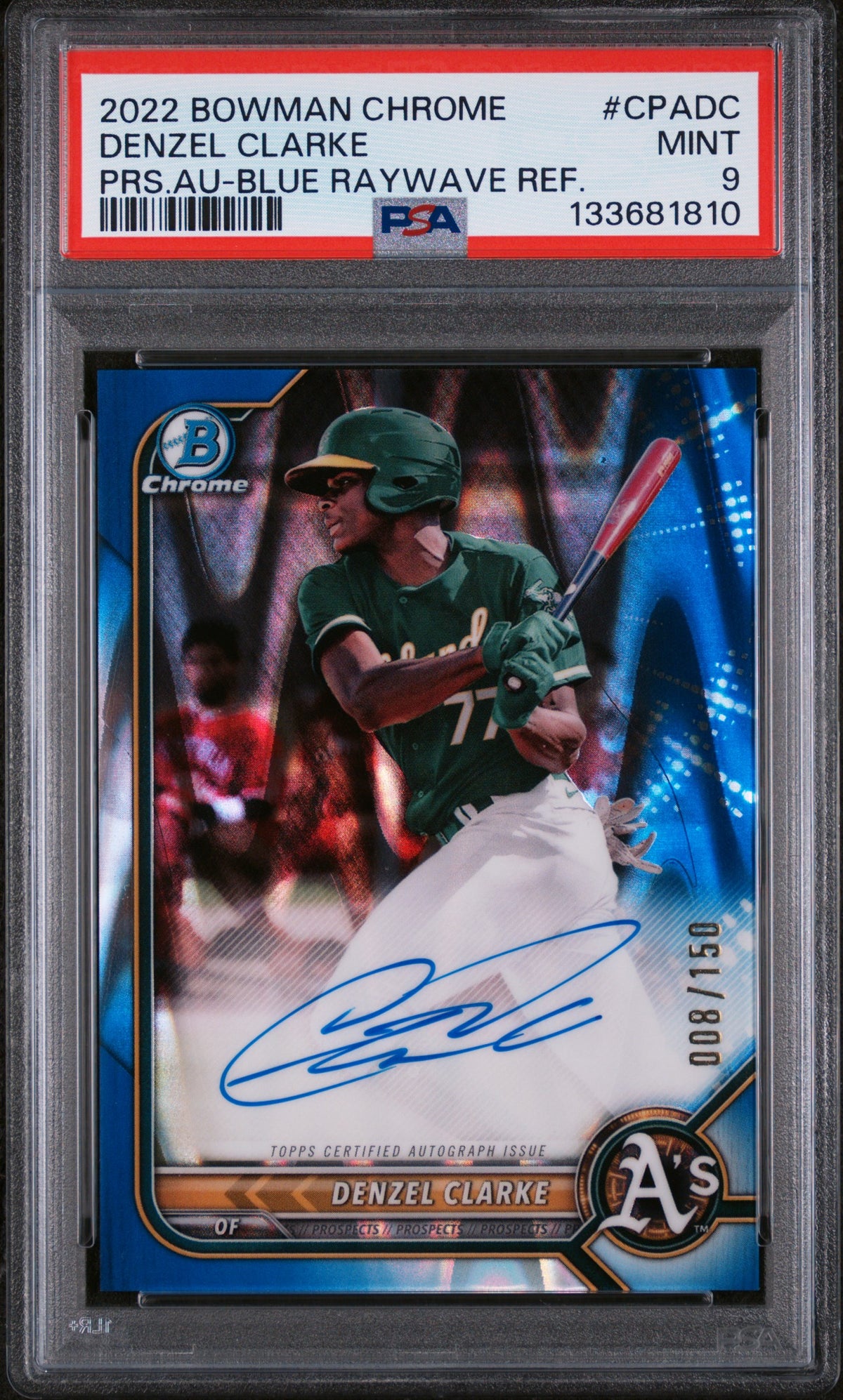 2022 Bowman Chrome Prospect Autograph Blue Raywave Refractor Denzel Clarke #CPADC /150 PSA 9