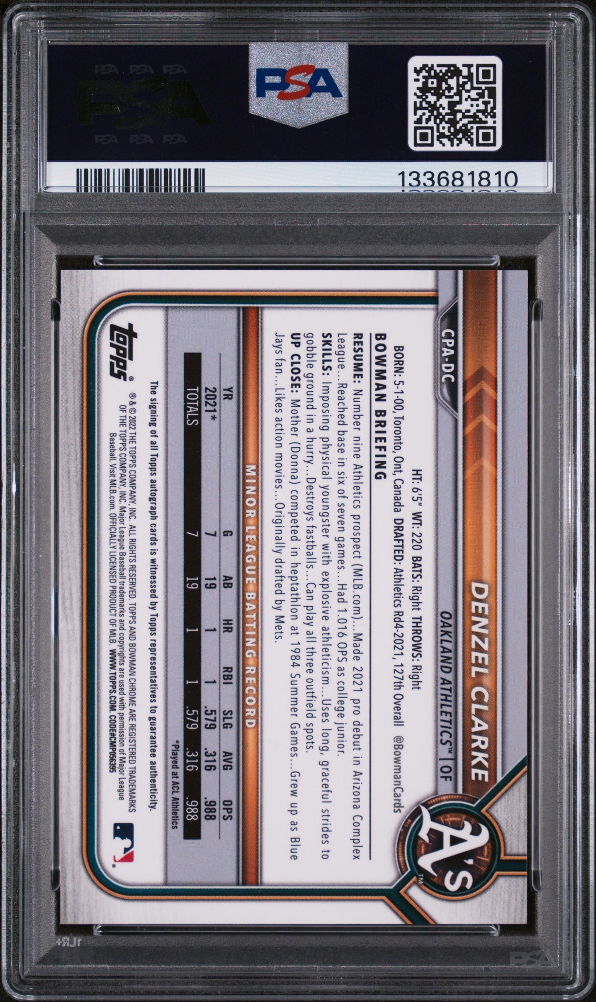 2022 Bowman Chrome Prospect Autograph Blue Raywave Refractor Denzel Clarke #CPADC /150 PSA 9