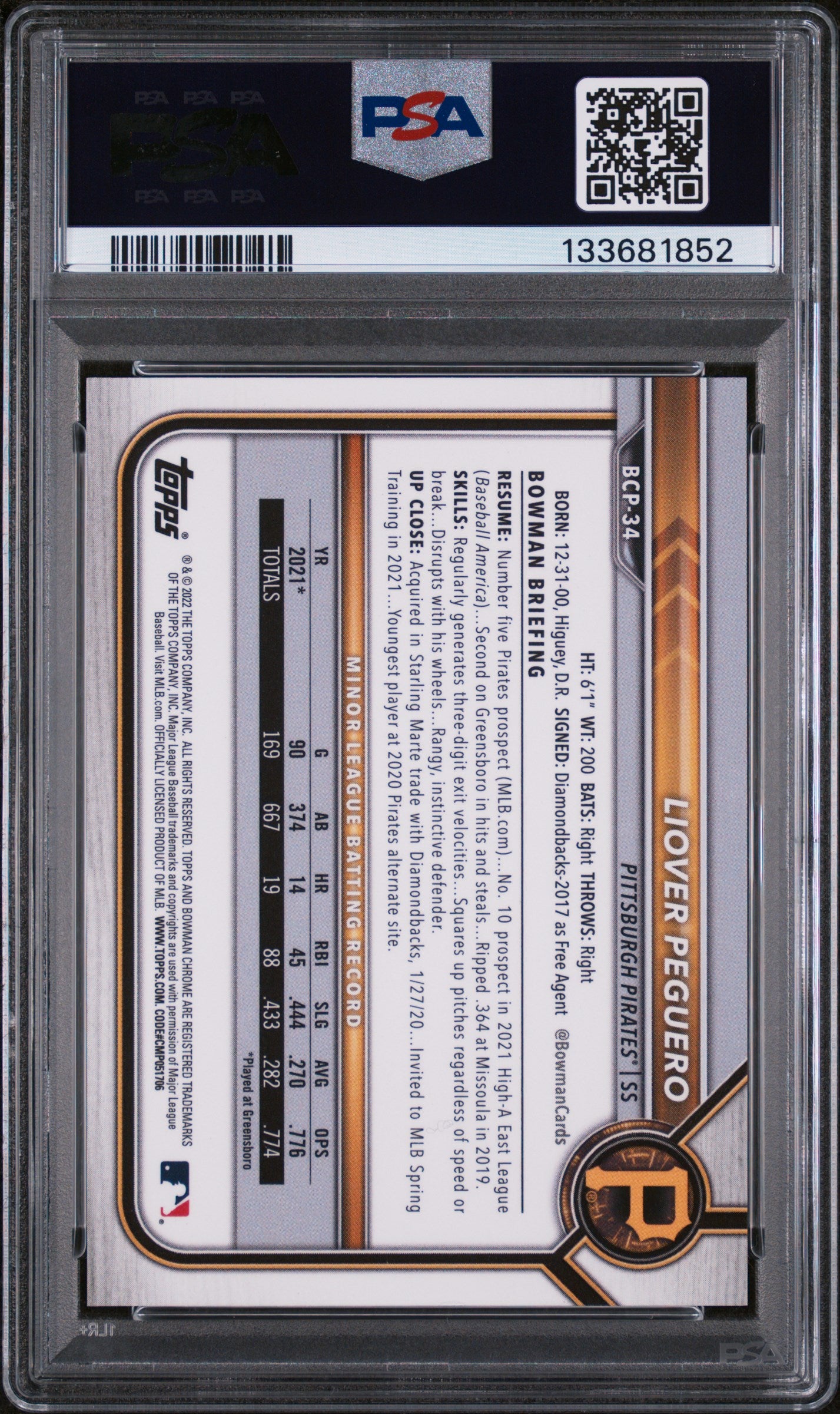 2022 Bowman Chrome Prospects Fuchsia Lava Refractor Liover Peguero #BCP34 /199 PSA 10