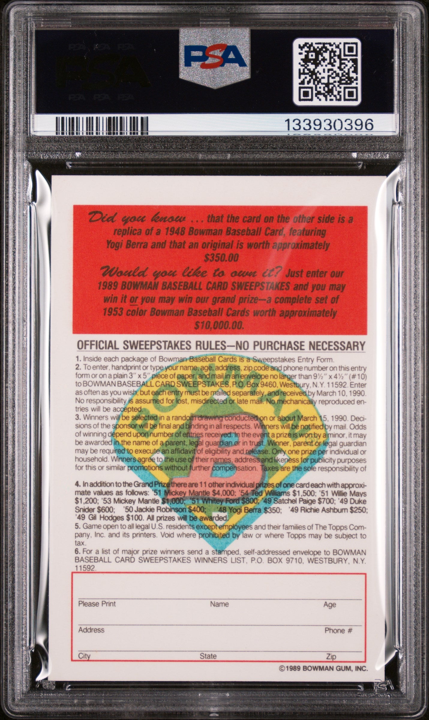 1989 Bowman Inserts 1948 Reprint-Tiffany Yogi Berra PSA 10