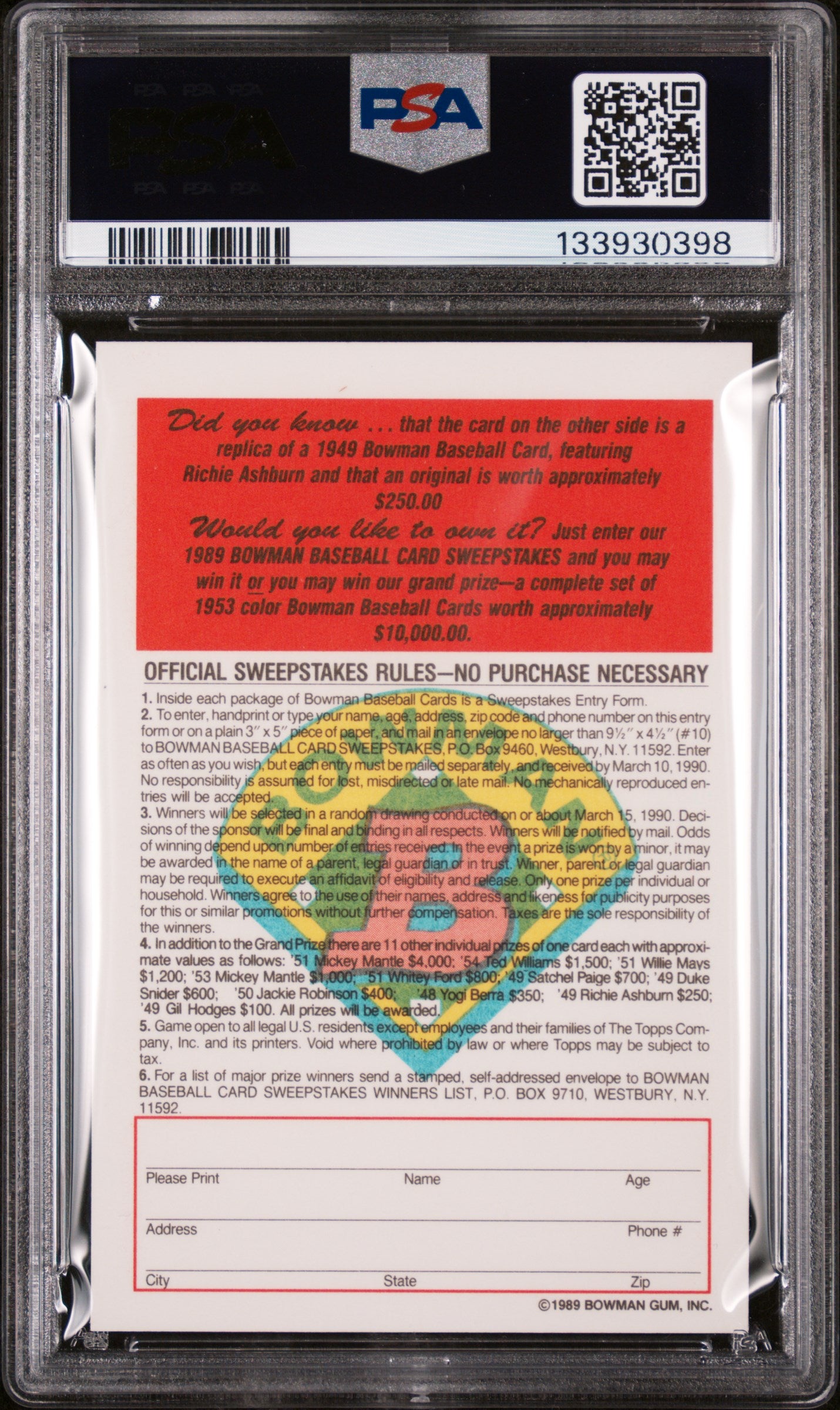 1989 Bowman Inserts 1949 Reprint-Tiffany Richie Ashburn PSA 9
