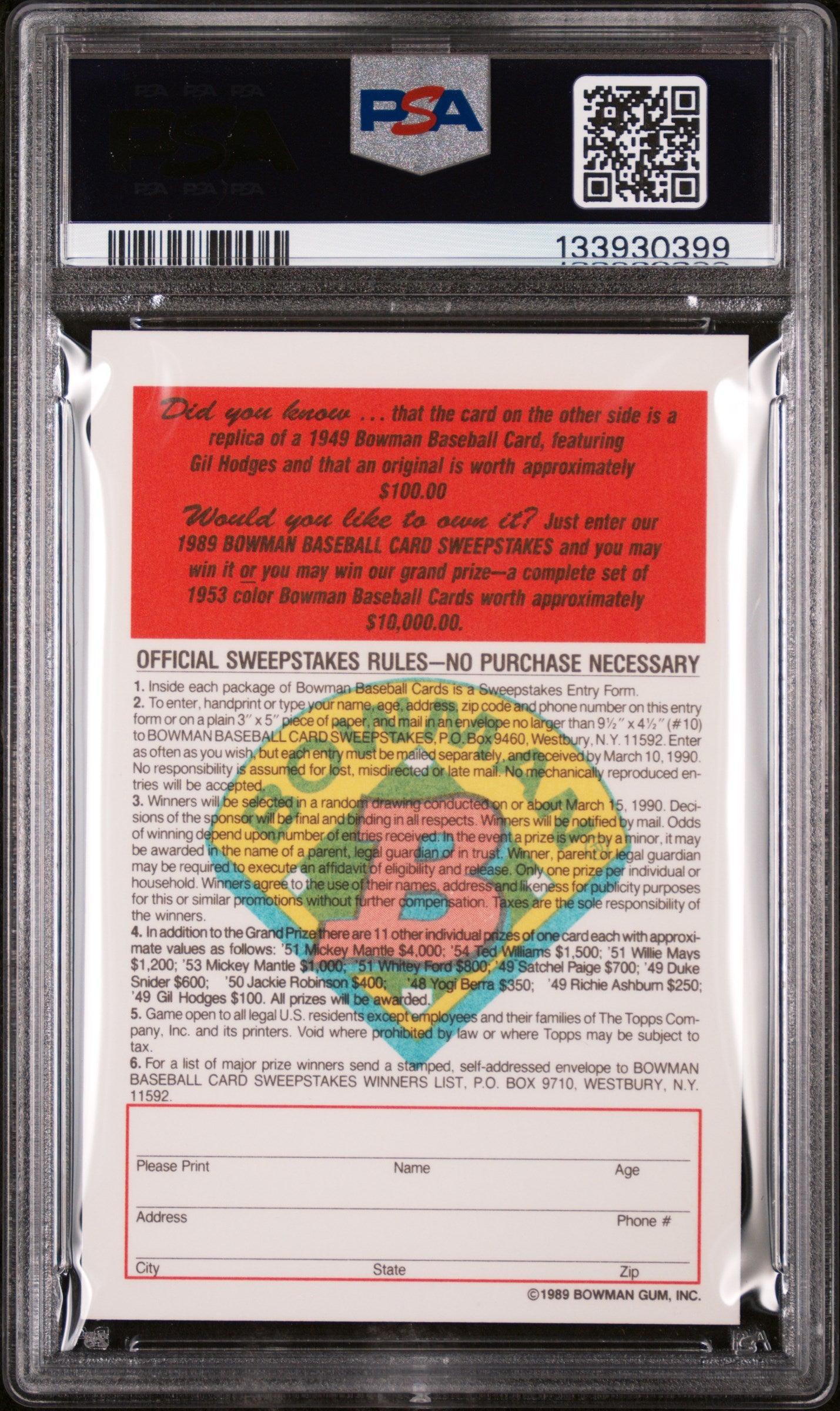 1989 Bowman Inserts 1949 Reprint-Tiffany Gil Hodges PSA 10