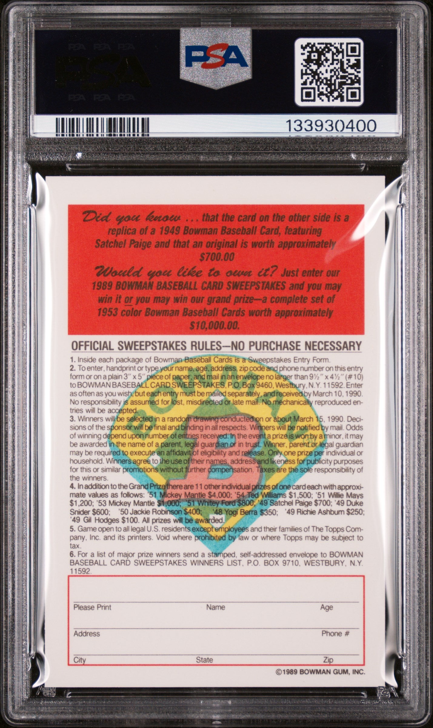 1989 Bowman Inserts 1949 Reprint-Tiffany Satchel Paige PSA 10