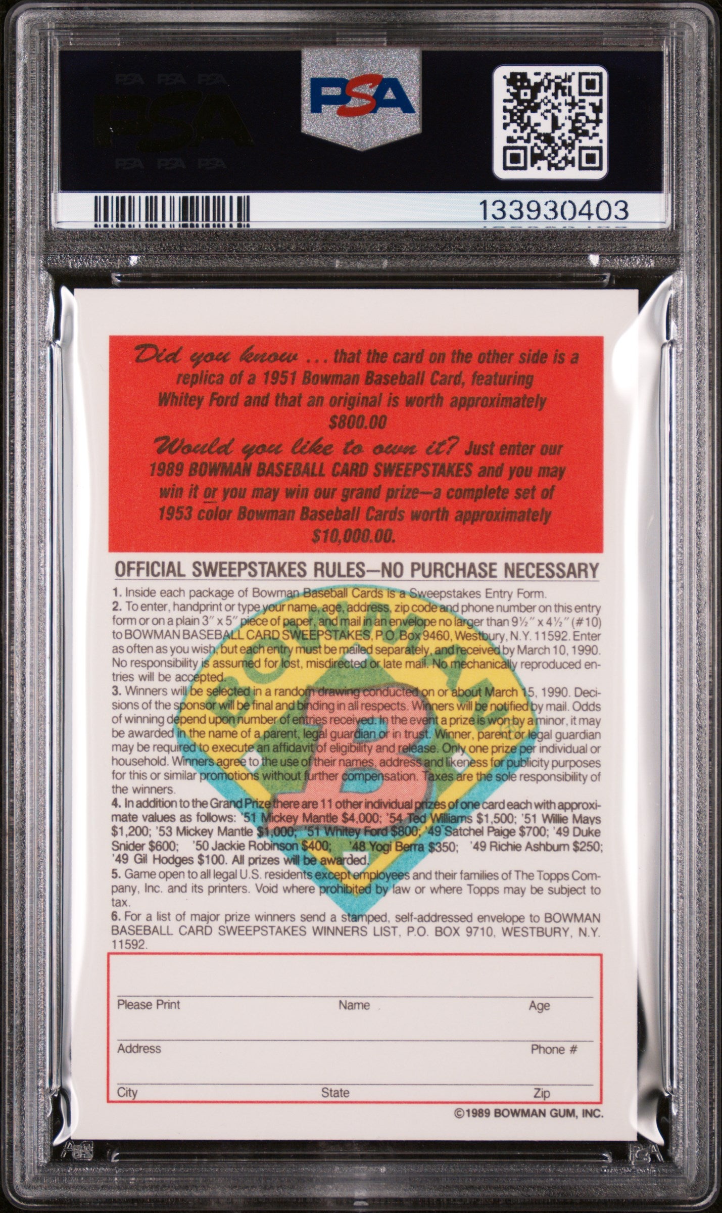 1989 Bowman Inserts 1951 Reprint-Tiffany Whitey Ford PSA 9