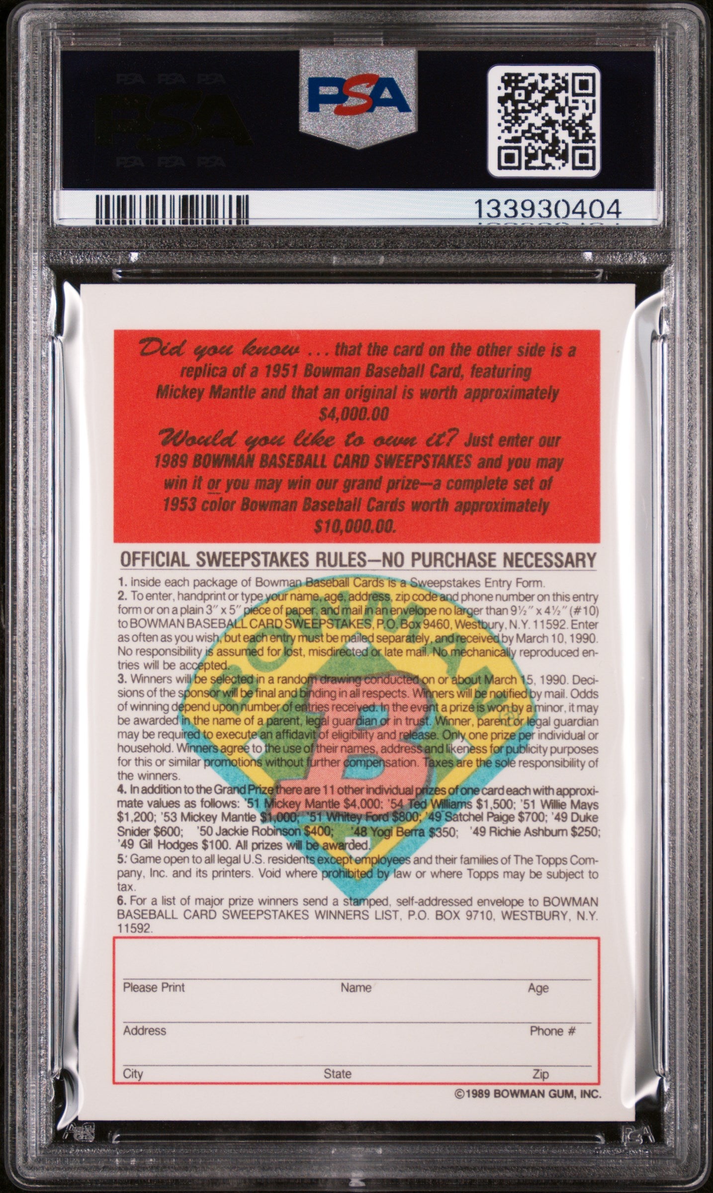 1989 Bowman Inserts 1951 Reprint-Tiffany Mickey Mantle PSA 9