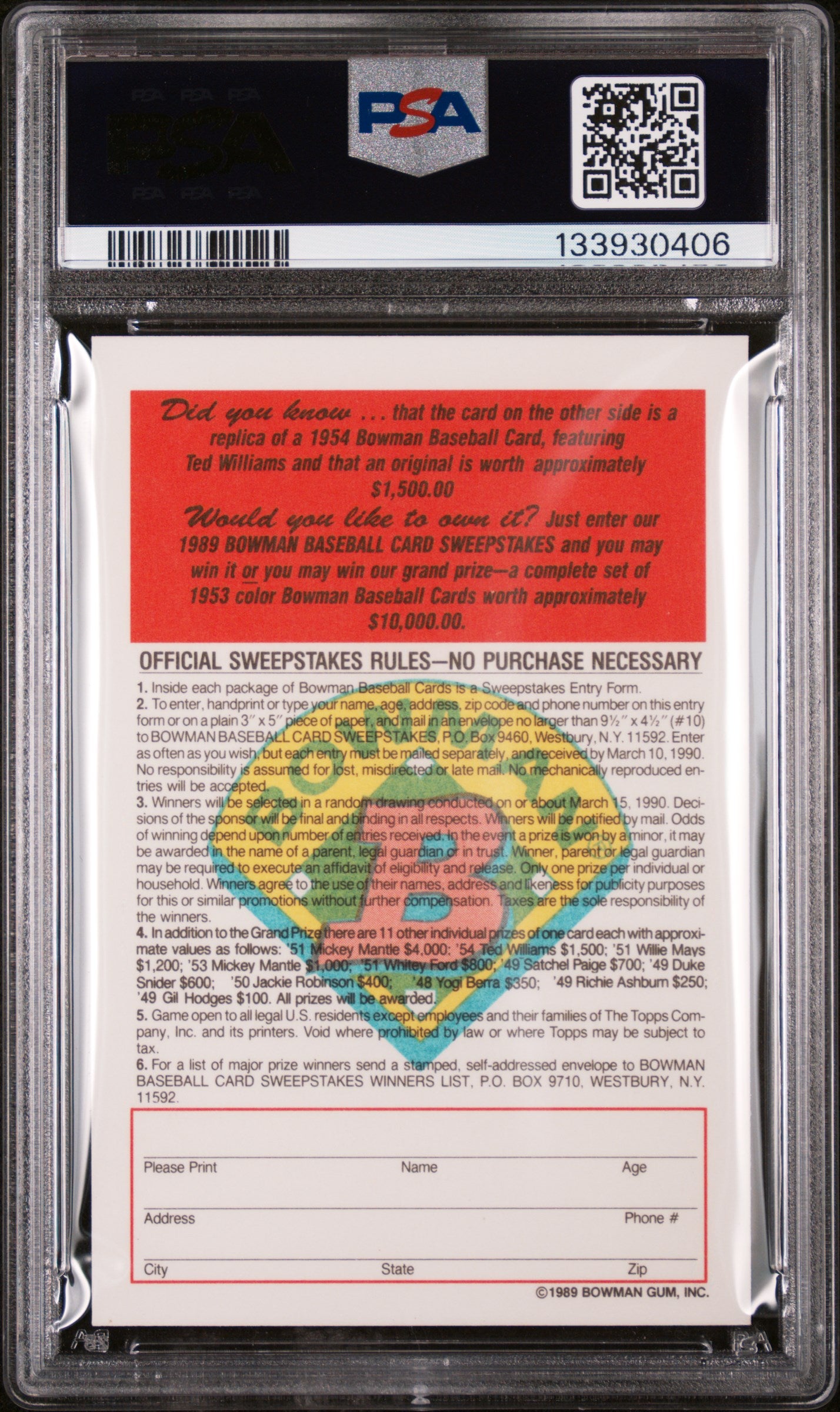 1989 Bowman Inserts 1954 Reprint-Tiffany Ted Williams PSA 6