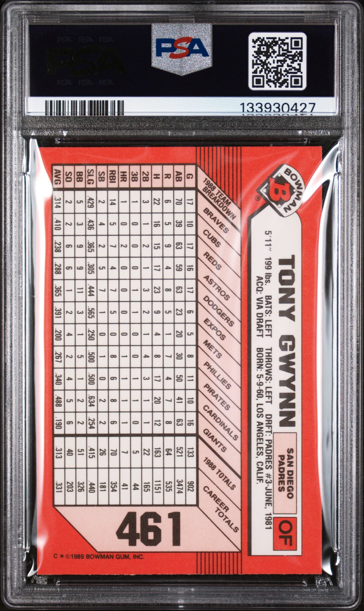 1989 Bowman Tiffany Tony Gwynn #461 /6000 PSA 6