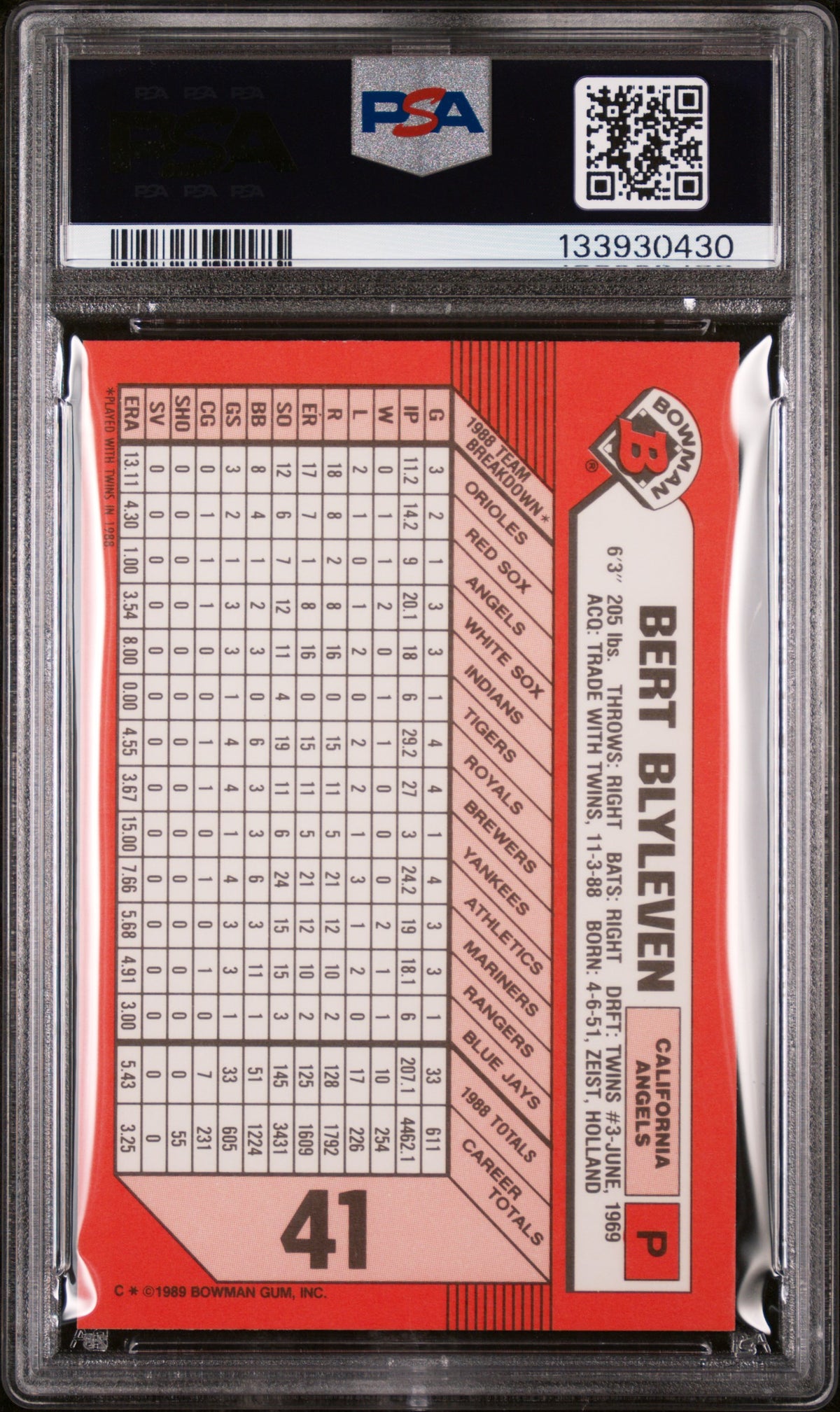 1989 Bowman Tiffany Bert Blyleven #41 /6000 PSA 9