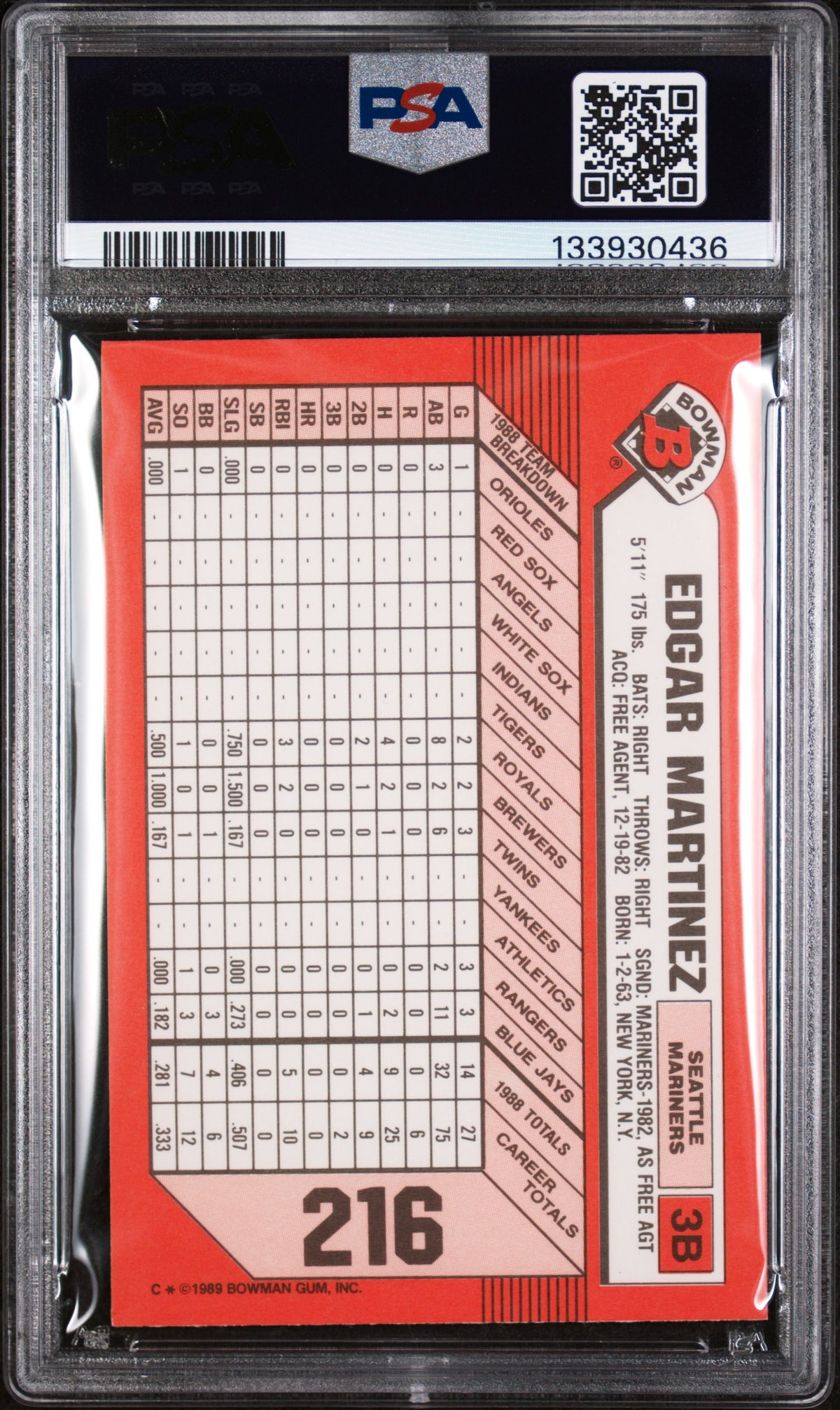 1989 Bowman Tiffany Edgar Martinez #216 /6000 PSA 9