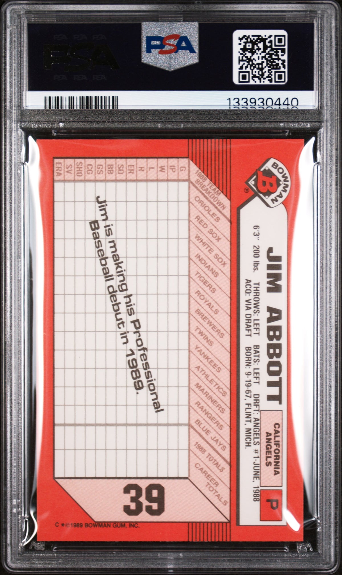 1989 Bowman Tiffany Jim Abbott #39 /6000 PSA 8