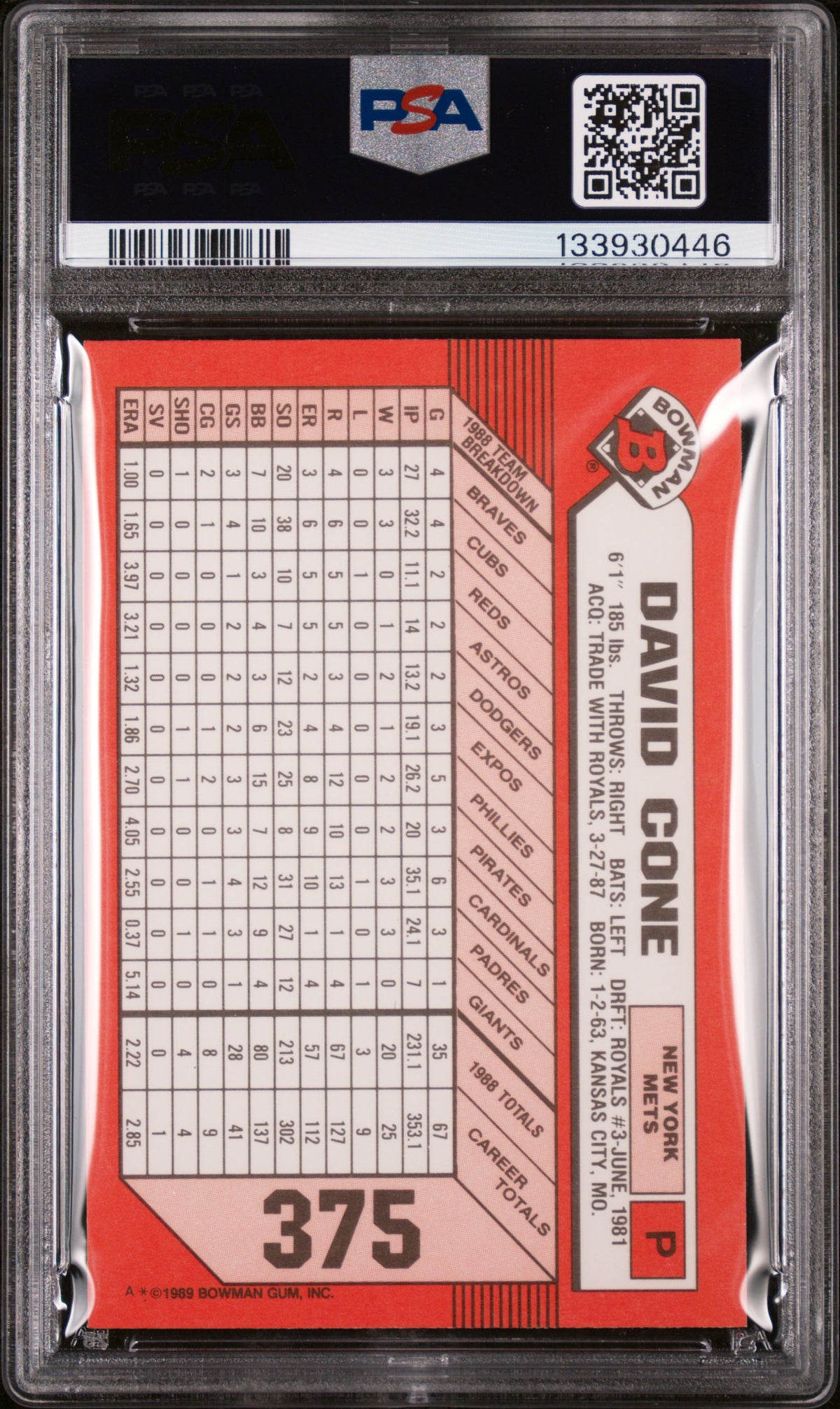 1989 Bowman Tiffany David Cone #375 /6000 PSA 7