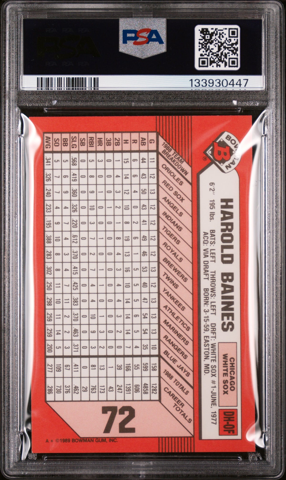1989 Bowman Tiffany Harold Baines #72 /6000 PSA 8