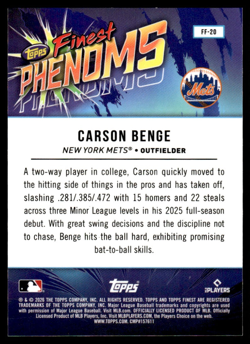 2026 Topps Finest FF-20 Carson Benge Rookie RC Phenoms Geometric Refractor