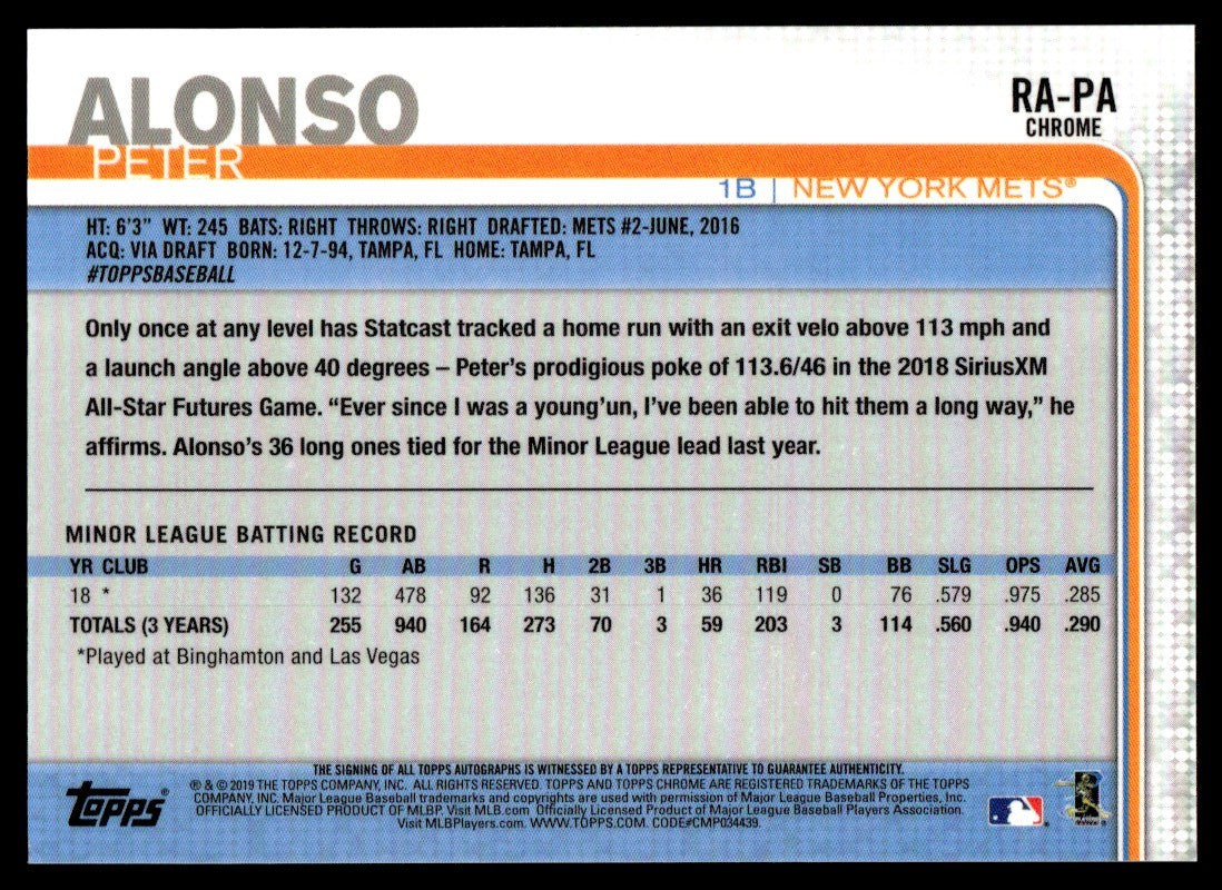 2019 Topps Chrome Pete Alonso Rookie RC Auto