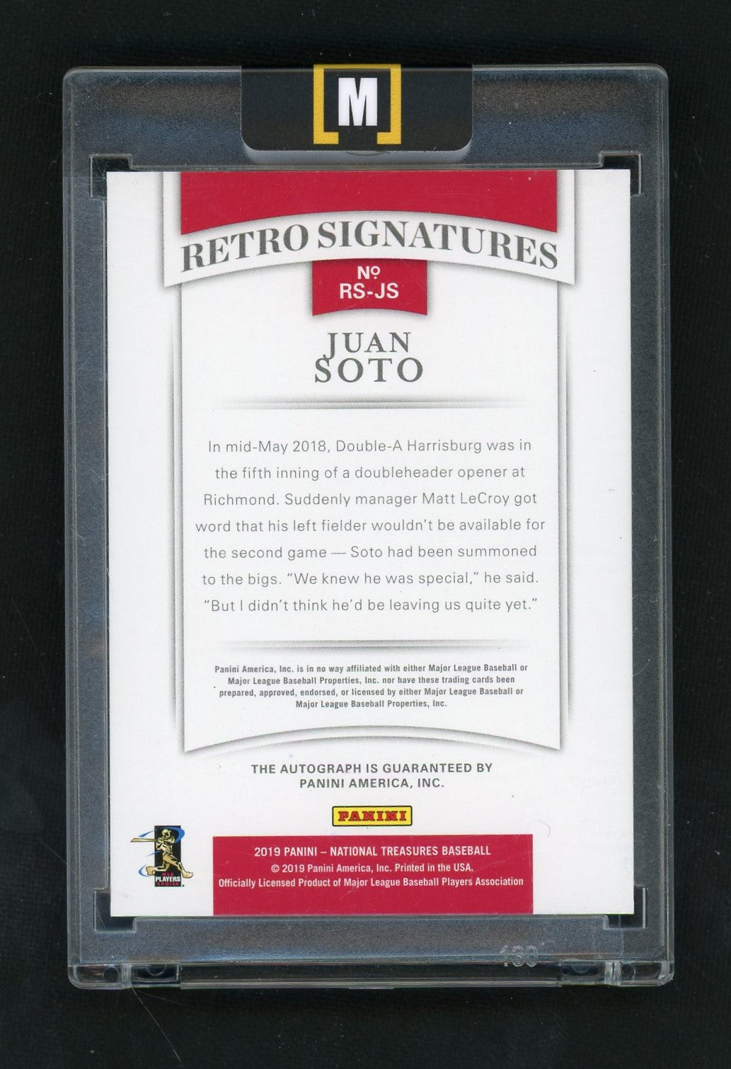 2019 National Treasures Retro Signatures Juan Soto Auto /99