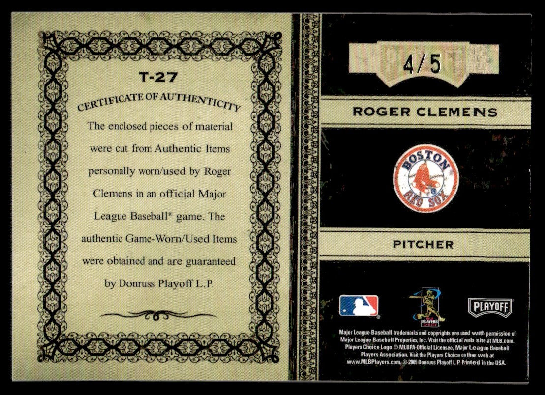 2005 Prime Cuts Roger Clemens Game-Used Triple Patch /5