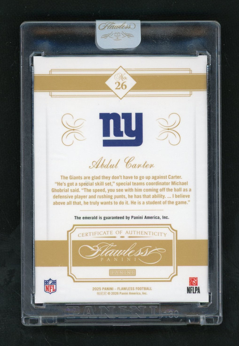 2025 Flawless #26 Abdul Carter Rookie RC Emerald Gem /5
