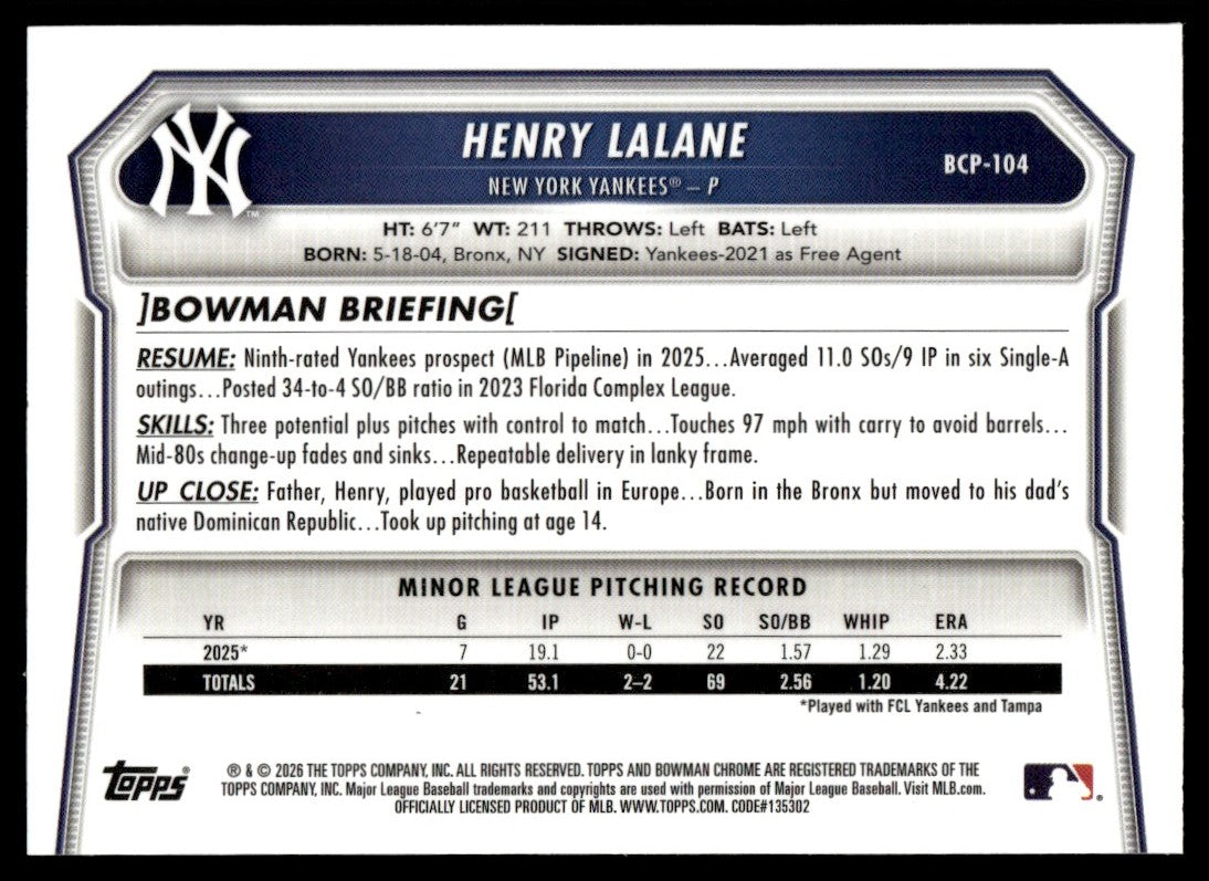 2026 Bowman Chrome Sapphire Henry Lalane 1st Rookie RC Yellow Refractor /75