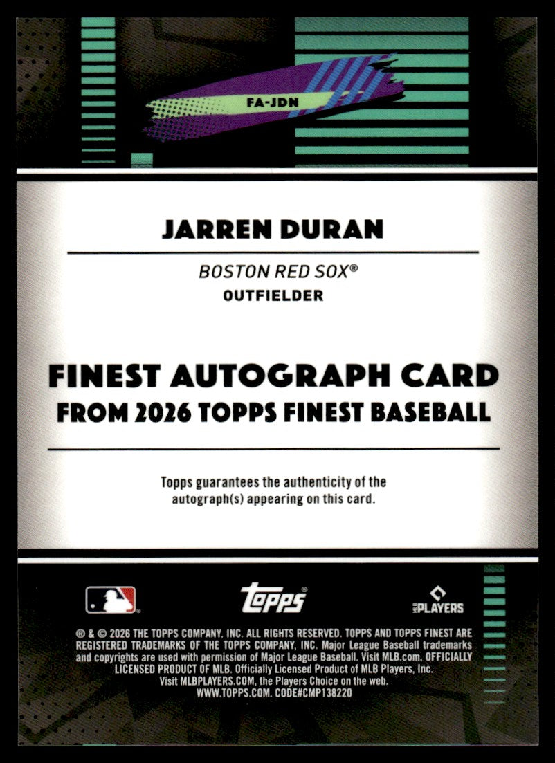 2026 Finest Jarren Duran Black Refractor Auto /10