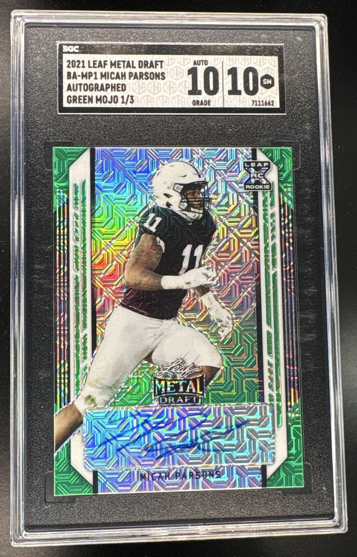 2021 Leaf Metal Draft Micah Parsons Rookie RC Green Mojo Auto /3 SGC 10