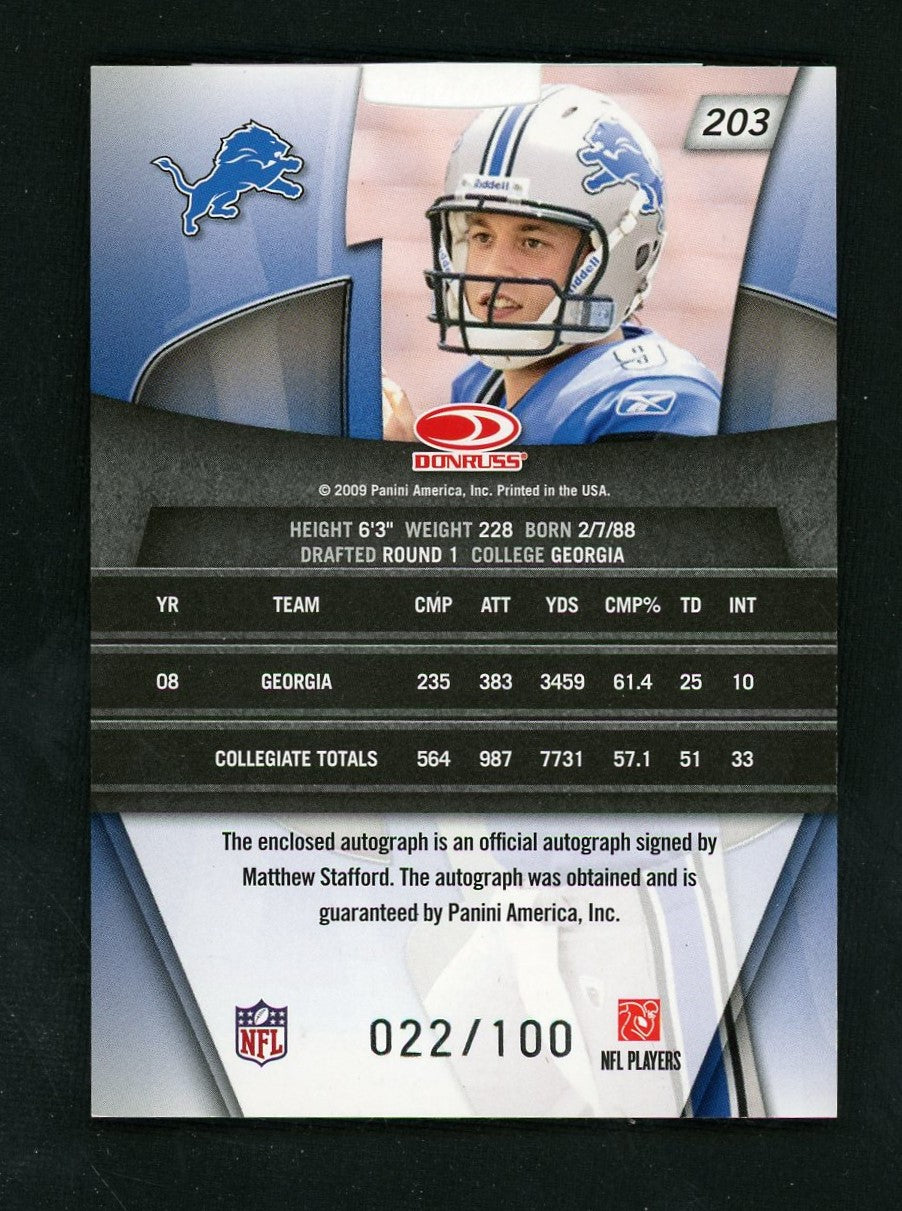 2009 Donruss #203 Matthew Stafford Gridiron Gems Rookie RC Auto on Jersey Patch /100