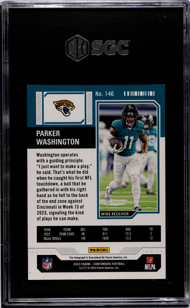 2023 Panini Contenders #146 Parker Washington Auto. Opening Kickoff SGC 8.5