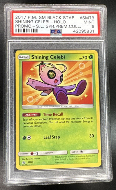 2017 Pokemon Sun and Moon Black Star Promo Holo Shining Legends Super Premium Collection Shining Celebi #SM79 PSA 9