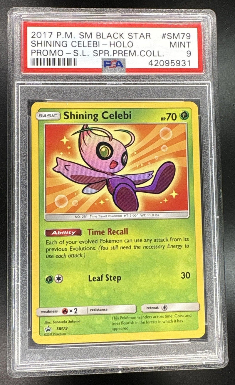 2017 Pokemon Sun and Moon Black Star Promo Holo Shining Legends Super Premium Collection Shining Celebi #SM79 PSA 9