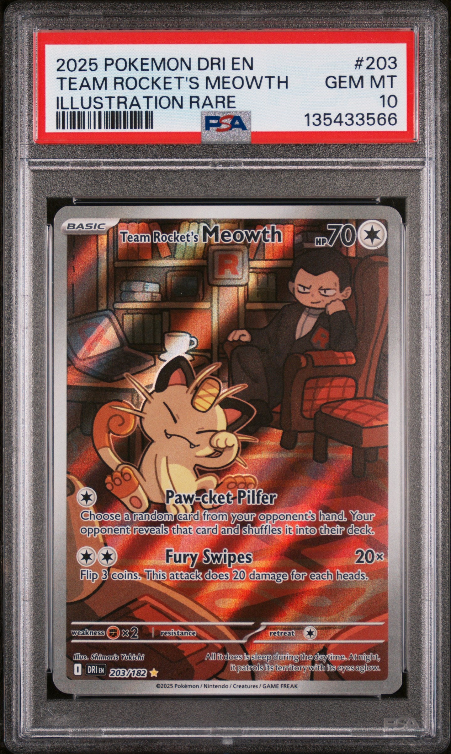 2025 Pokemon Scarlet and Violet Destined Rivals Illustration Rare Team Rocket's Meowth #203 PSA 10