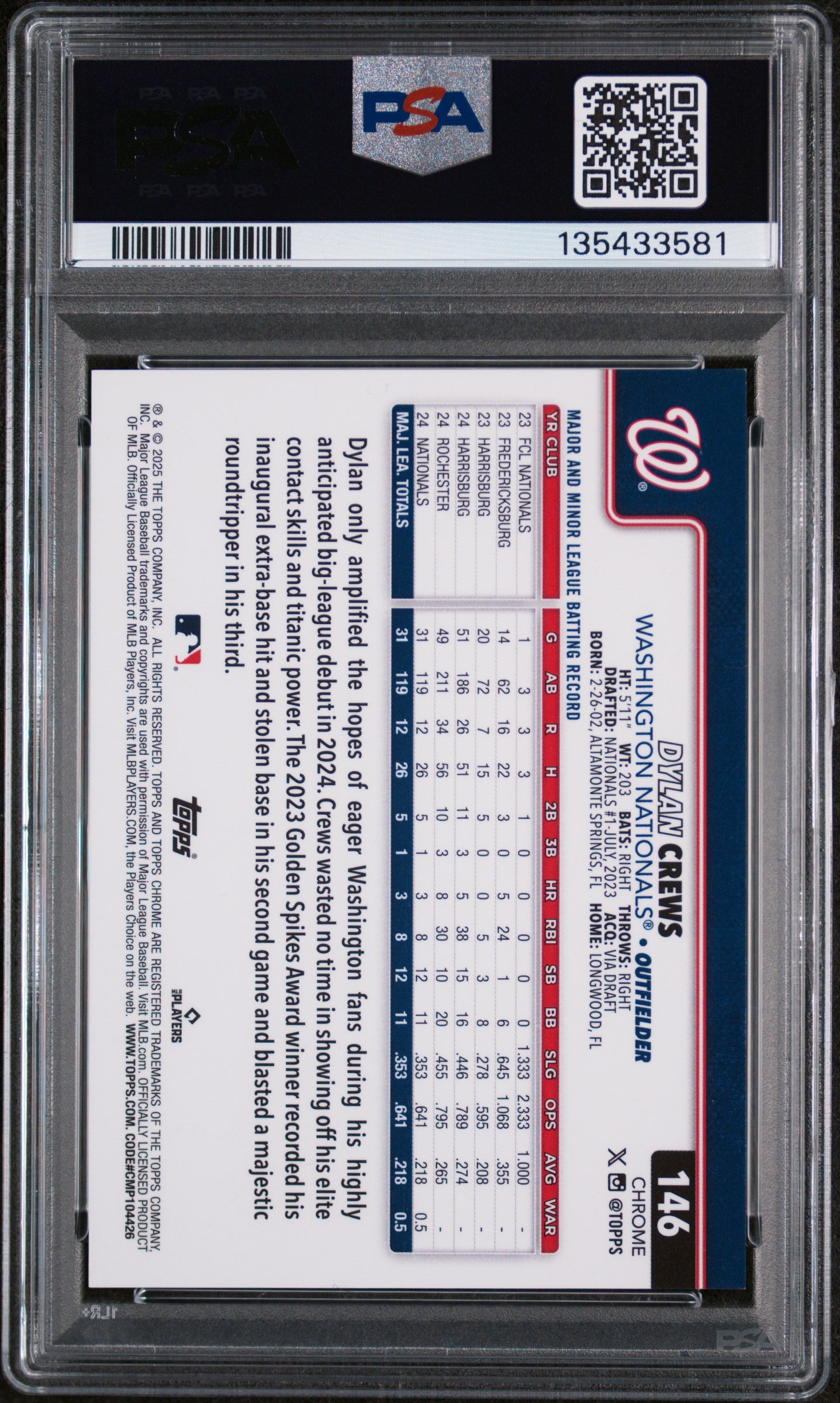 2025 Topps Chrome Orange Geometric Dylan Crews #146 /25 PSA 10