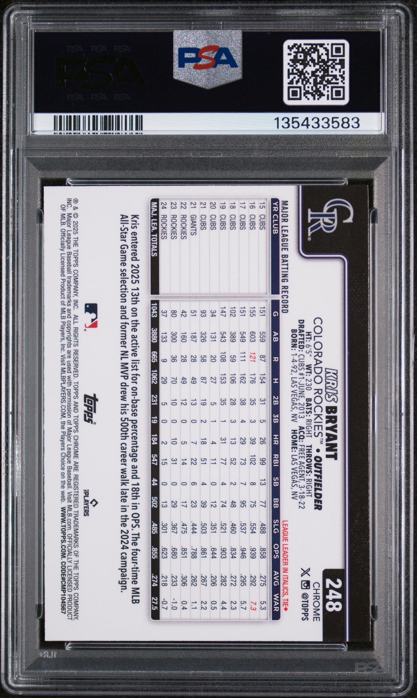 2025 Topps Chrome Lightboard Logo Variation Kris Bryant #248 PSA 9